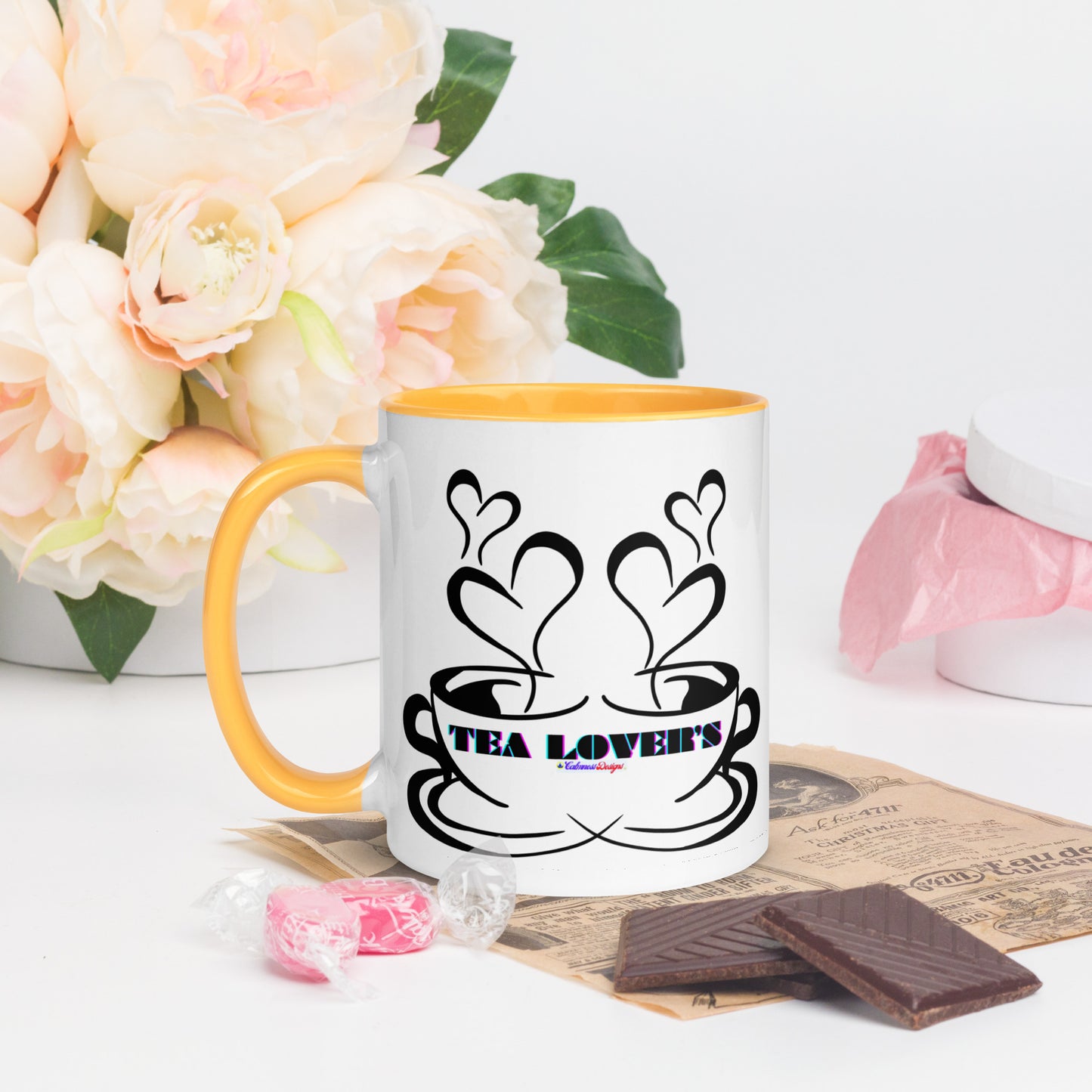 TEA LOVER'S 2 CUPS of COFFEE, Hearts, CALMNESS DESIGNS, Creative Designer's, Mug with Color Inside