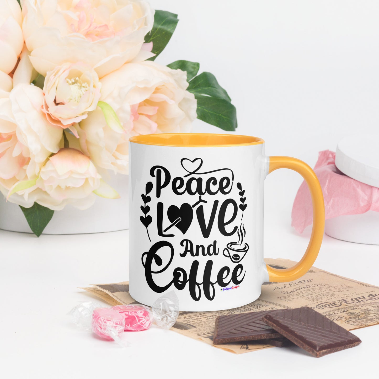 Peace Love and Coffee, Hearts-Arrow, Cup of HOT Coffee, CALMNESS DESIGNS, Creative Designer's, Mug with Color Inside