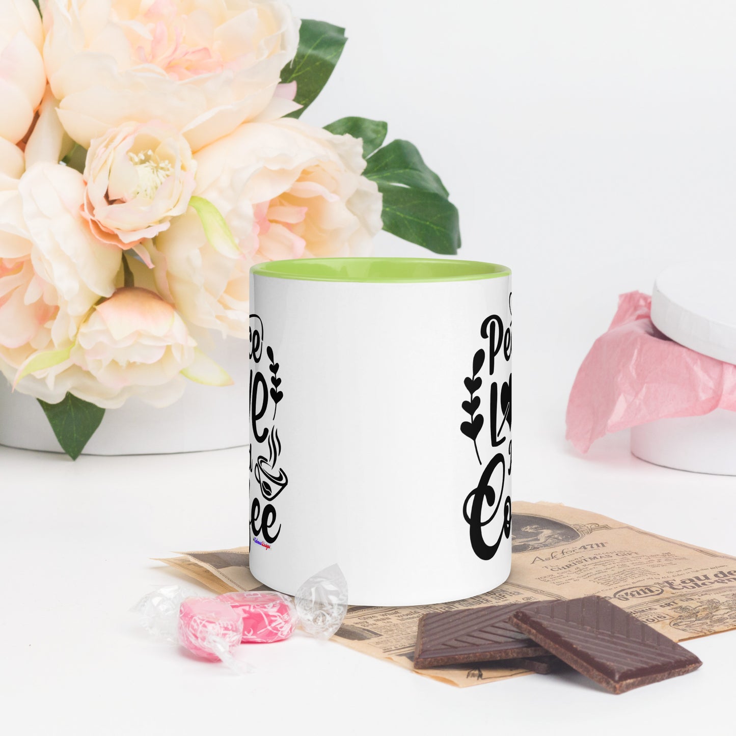 Peace Love and Coffee, Hearts-Arrow, Cup of HOT Coffee, CALMNESS DESIGNS, Creative Designer's, Mug with Color Inside