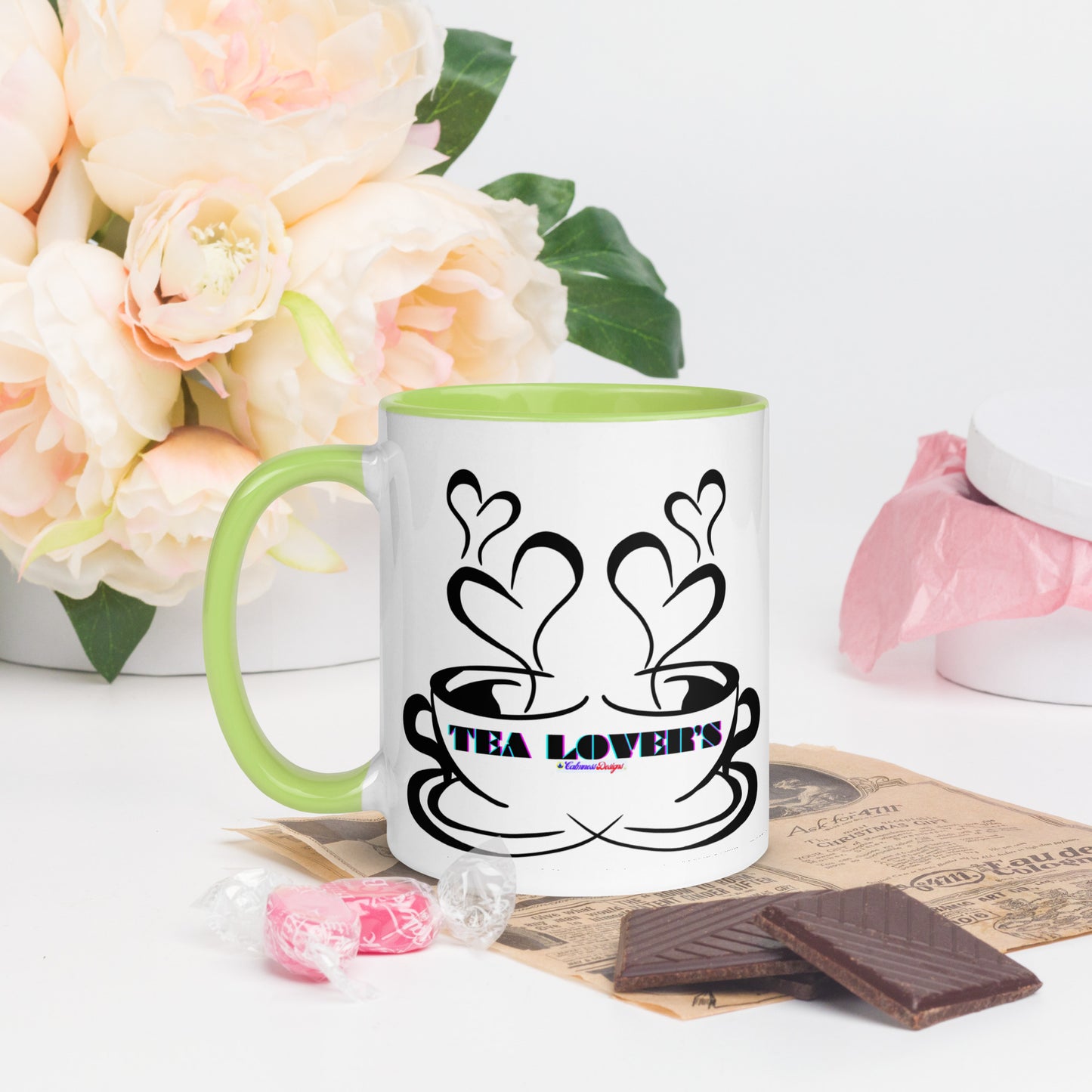 TEA LOVER'S 2 CUPS of COFFEE, Hearts, CALMNESS DESIGNS, Creative Designer's, Mug with Color Inside