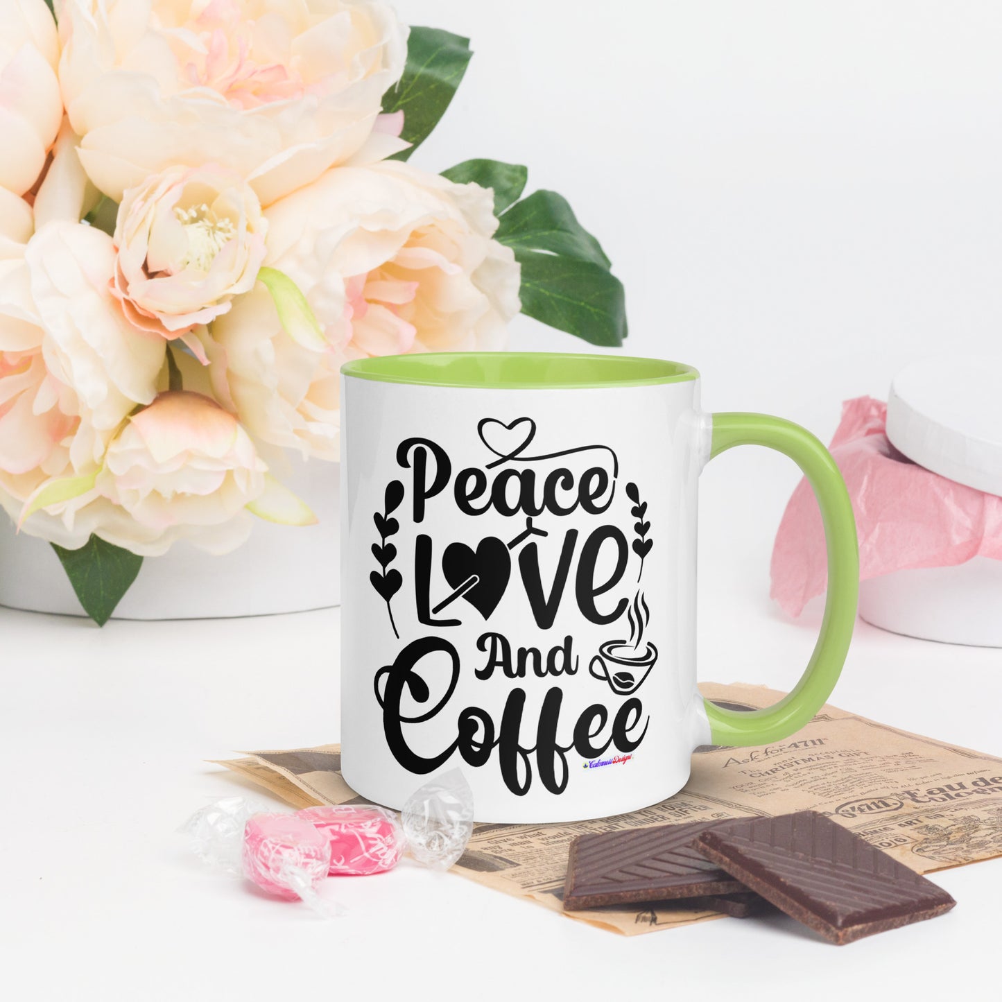 Peace Love and Coffee, Hearts-Arrow, Cup of HOT Coffee, CALMNESS DESIGNS, Creative Designer's, Mug with Color Inside
