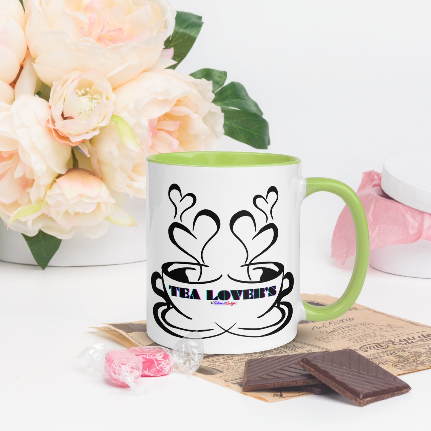 TEA LOVER'S 2 CUPS of COFFEE, Hearts, CALMNESS DESIGNS, Creative Designer's, Mug with Color Inside