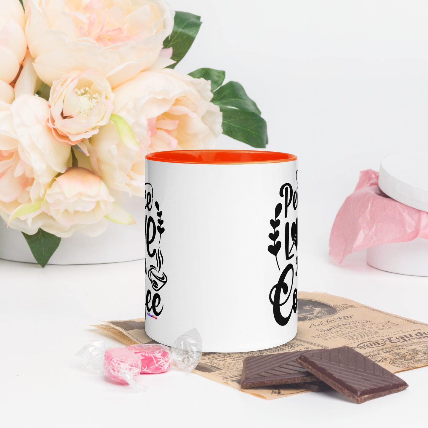 Peace Love and Coffee, Hearts-Arrow, Cup of HOT Coffee, CALMNESS DESIGNS, Creative Designer's, Mug with Color Inside
