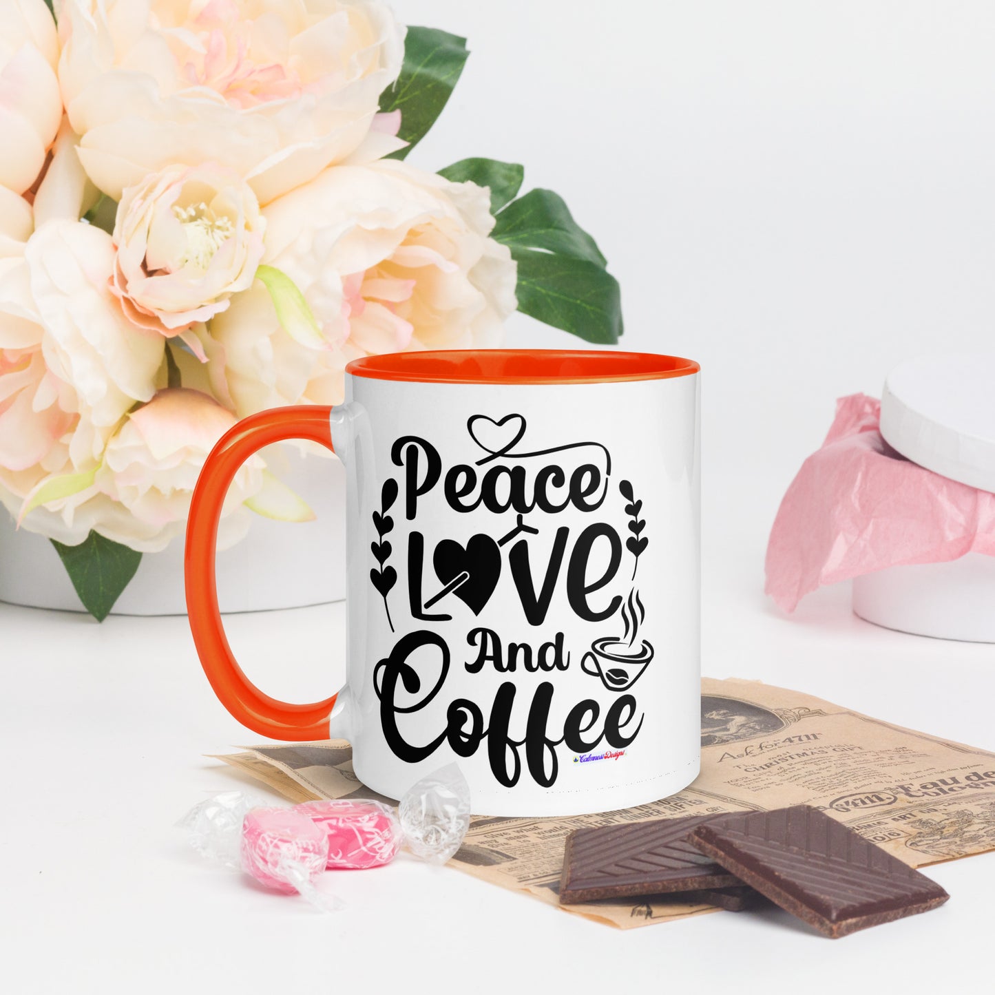 Peace Love and Coffee, Hearts-Arrow, Cup of HOT Coffee, CALMNESS DESIGNS, Creative Designer's, Mug with Color Inside