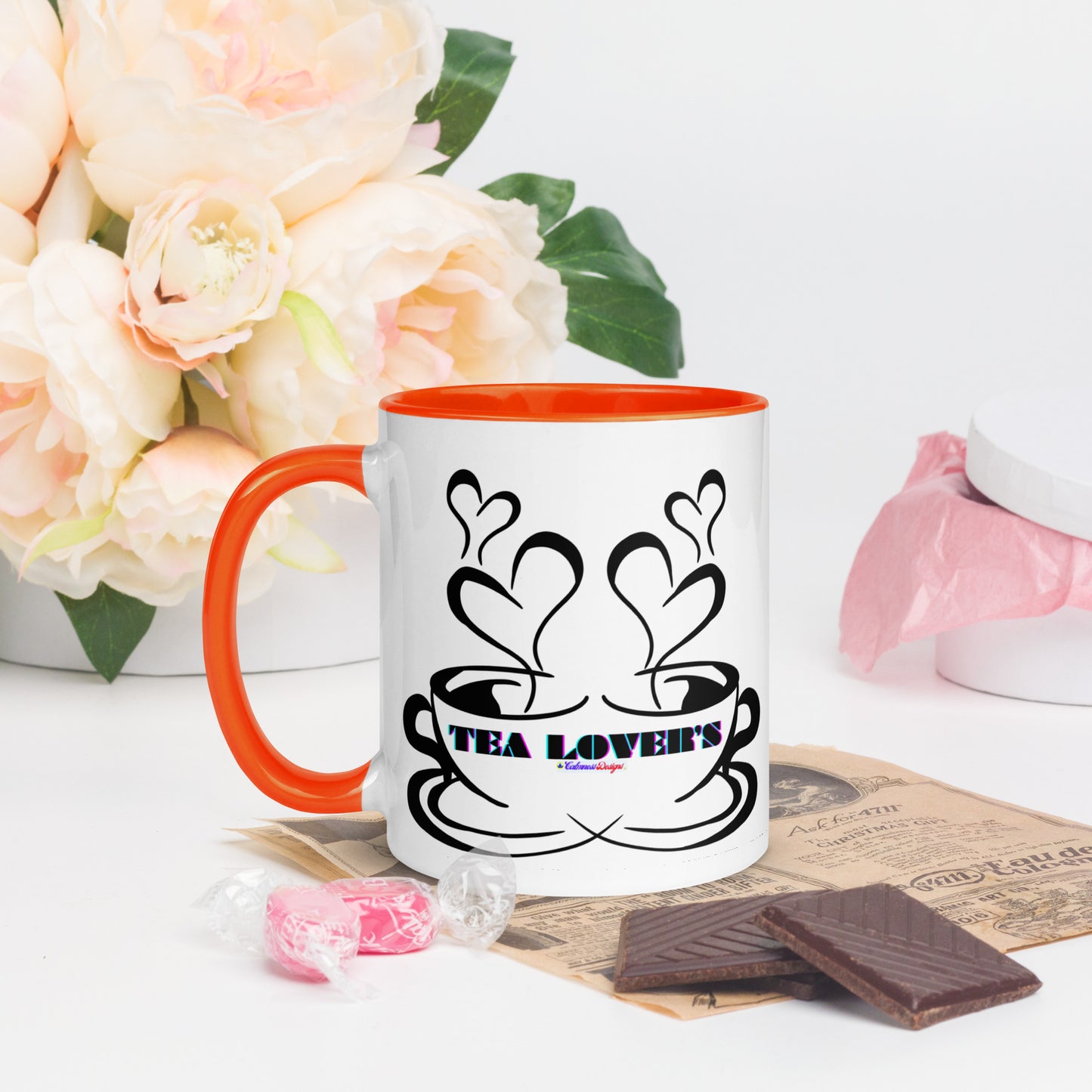 TEA LOVER'S 2 CUPS of COFFEE, Hearts, CALMNESS DESIGNS, Creative Designer's, Mug with Color Inside
