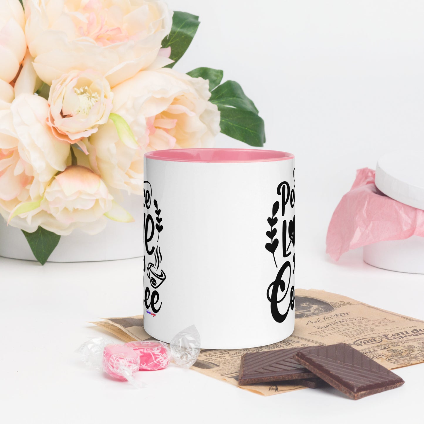 Peace Love and Coffee, Hearts-Arrow, Cup of HOT Coffee, CALMNESS DESIGNS, Creative Designer's, Mug with Color Inside