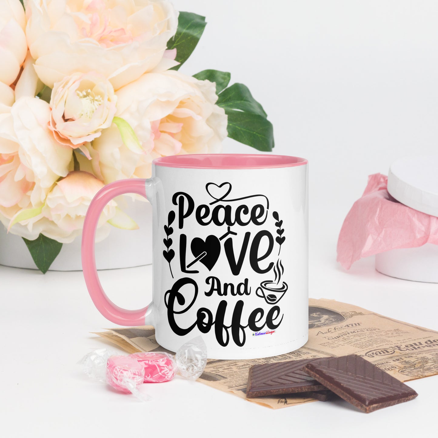Peace Love and Coffee, Hearts-Arrow, Cup of HOT Coffee, CALMNESS DESIGNS, Creative Designer's, Mug with Color Inside