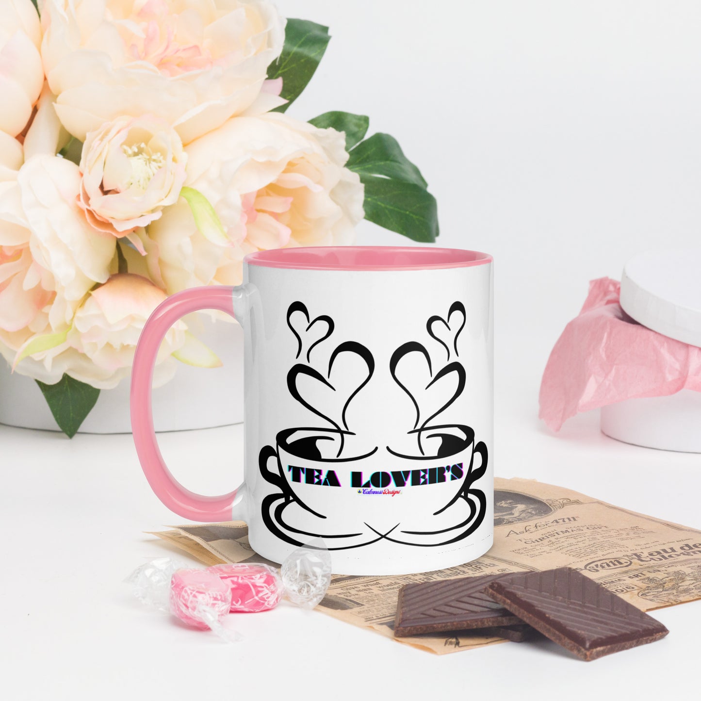 TEA LOVER'S 2 CUPS of COFFEE, Hearts, CALMNESS DESIGNS, Creative Designer's, Mug with Color Inside