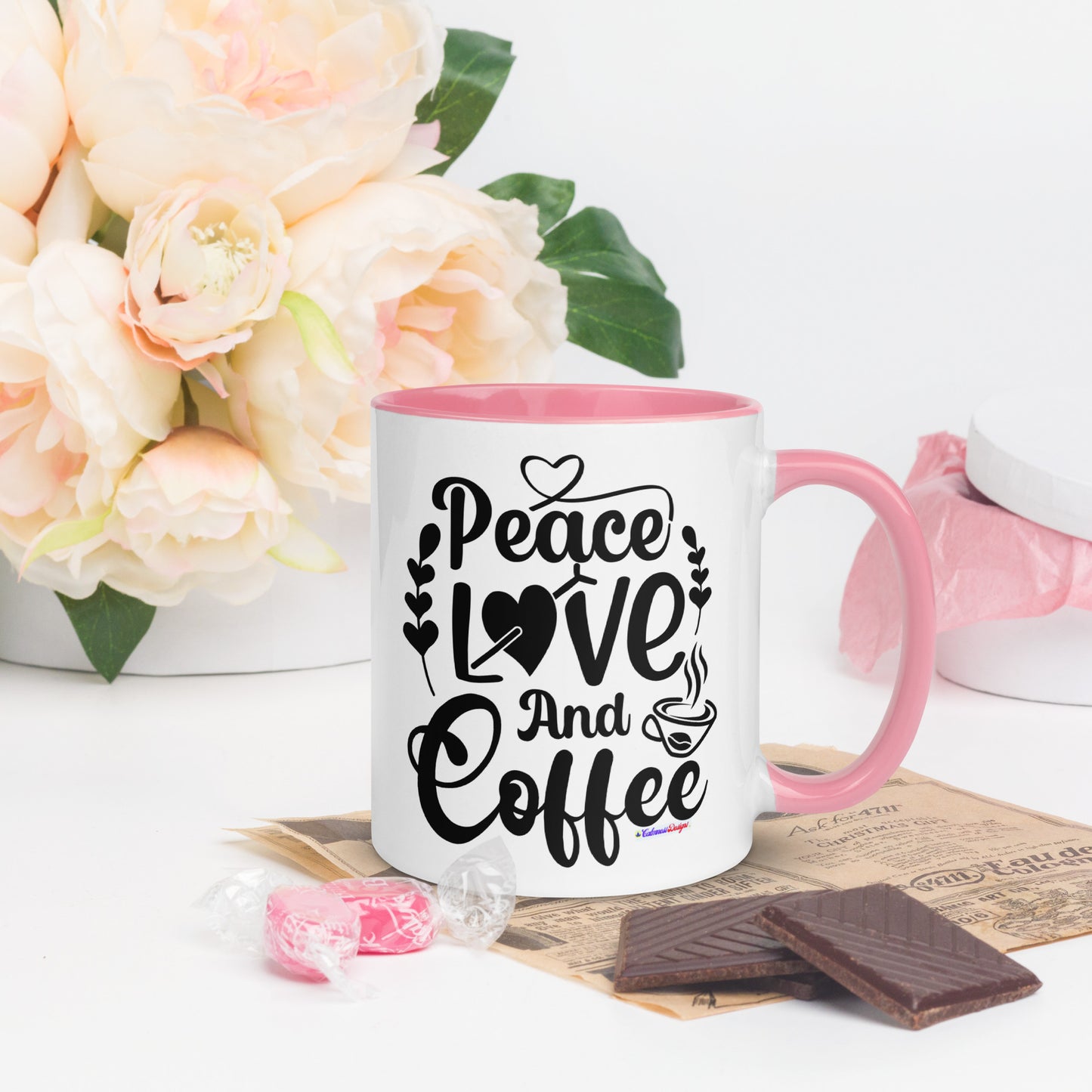Peace Love and Coffee, Hearts-Arrow, Cup of HOT Coffee, CALMNESS DESIGNS, Creative Designer's, Mug with Color Inside