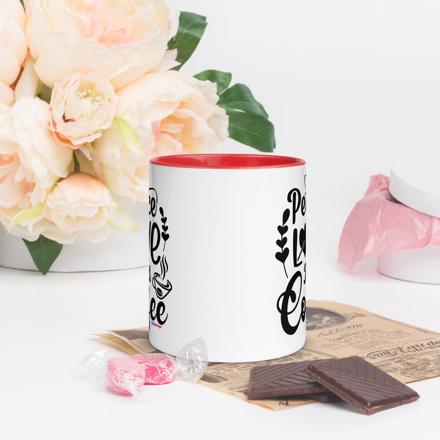 Peace Love and Coffee, Hearts-Arrow, Cup of HOT Coffee, CALMNESS DESIGNS, Creative Designer's, Mug with Color Inside
