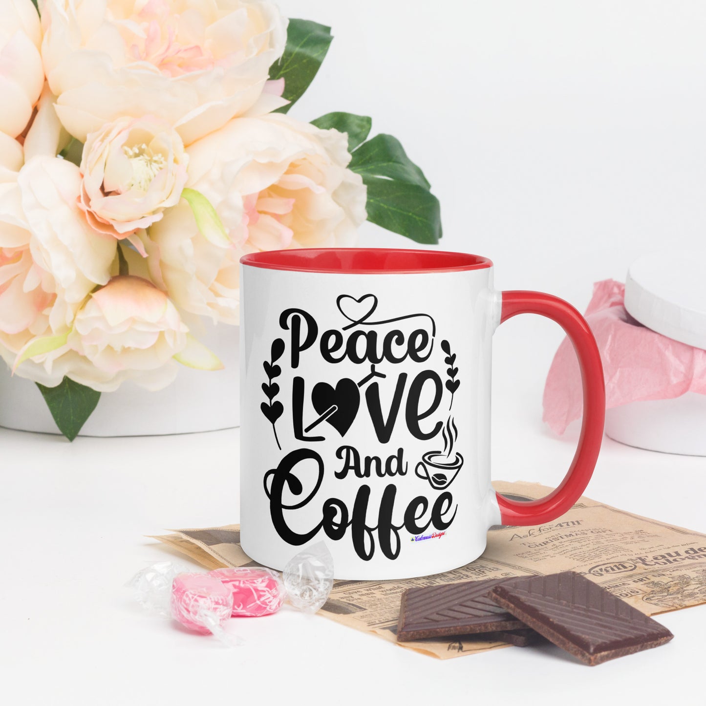 Peace Love and Coffee, Hearts-Arrow, Cup of HOT Coffee, CALMNESS DESIGNS, Creative Designer's, Mug with Color Inside