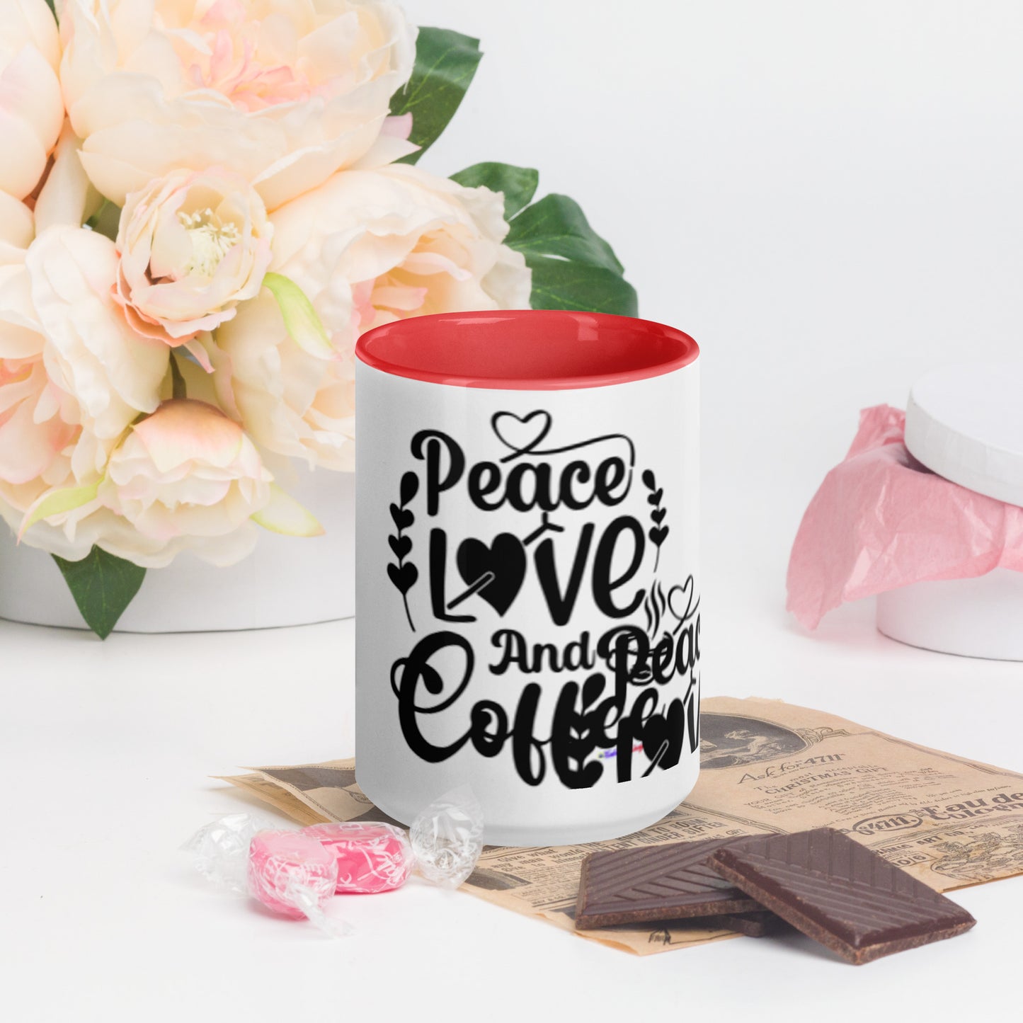 Peace Love and Coffee, Hearts-Arrow, Cup of HOT Coffee, CALMNESS DESIGNS, Creative Designer's, Mug with Color Inside