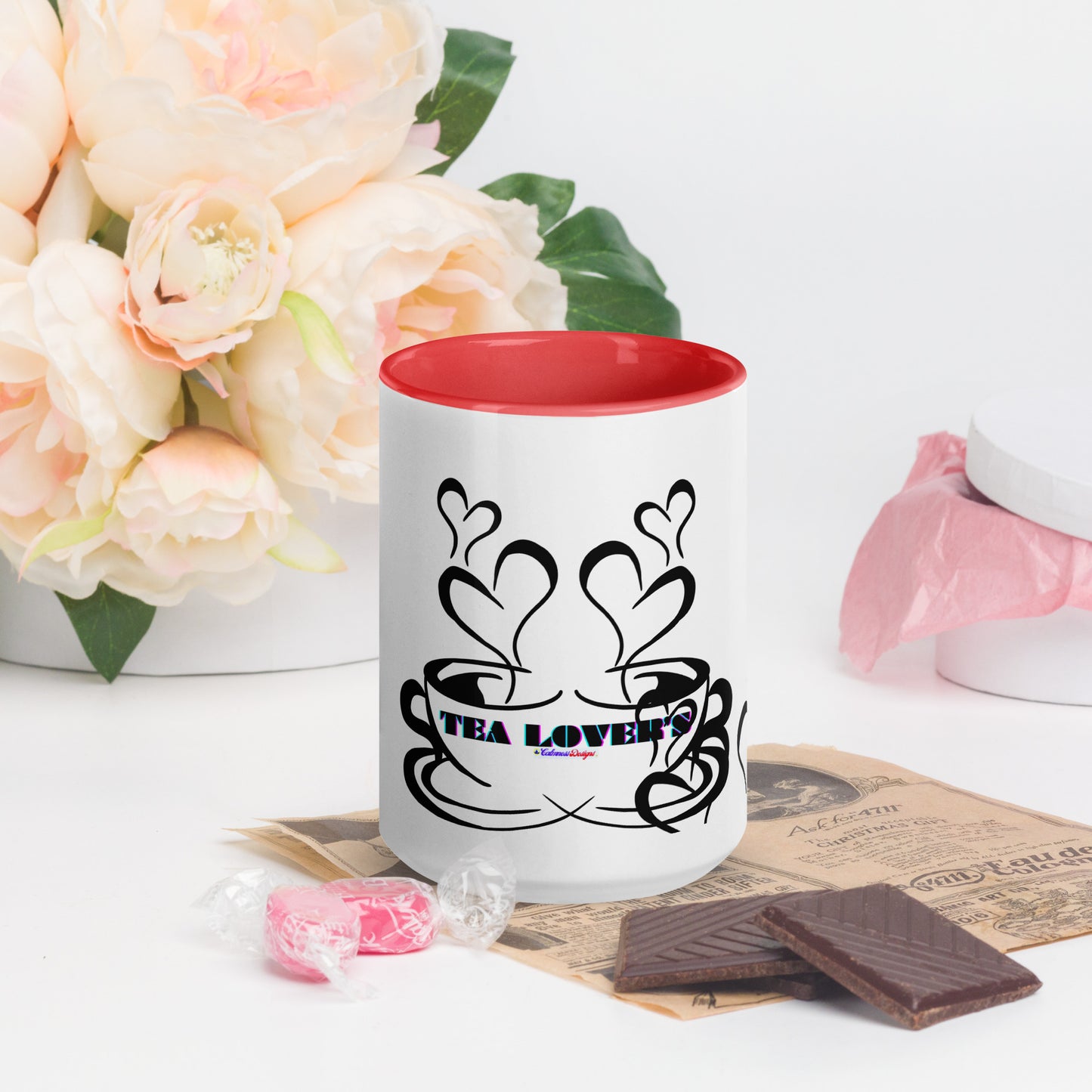 TEA LOVER'S 2 CUPS of COFFEE, Hearts, CALMNESS DESIGNS, Creative Designer's, Mug with Color Inside