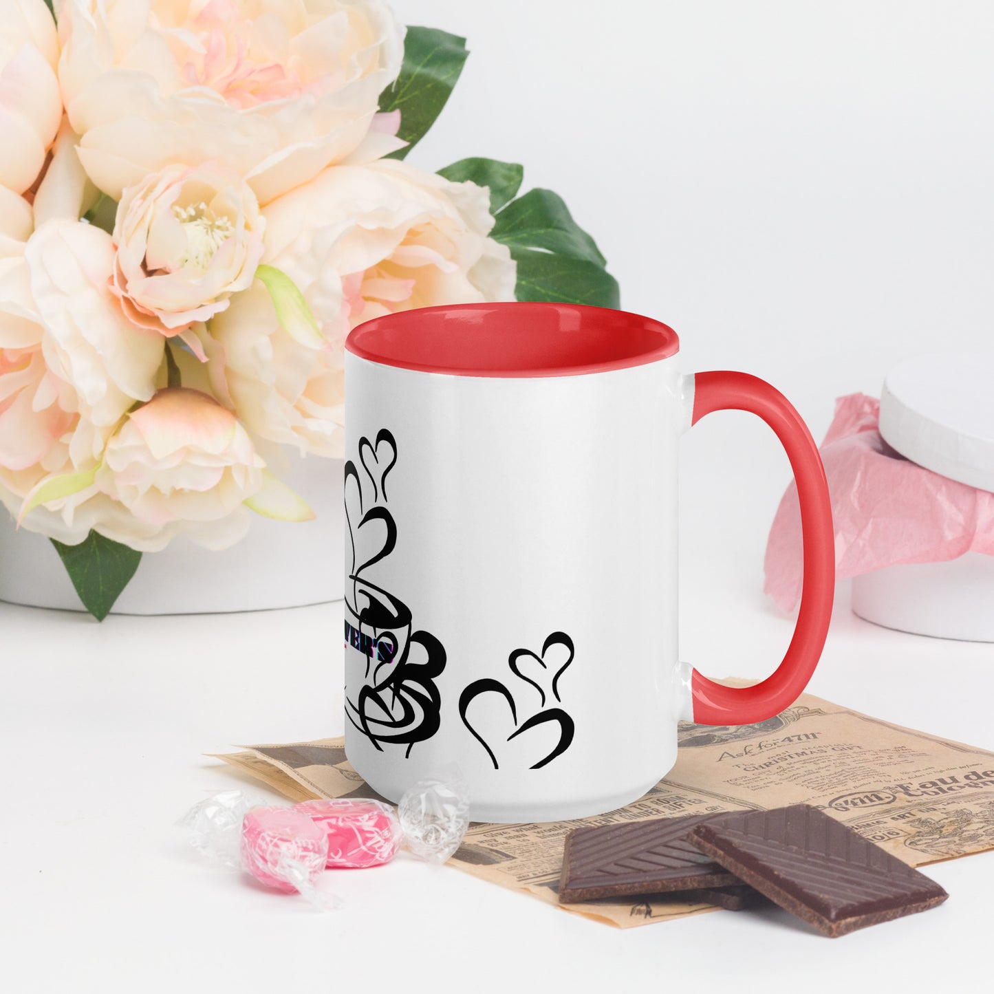 TEA LOVER'S 2 CUPS of COFFEE, Hearts, CALMNESS DESIGNS, Creative Designer's, Mug with Color Inside