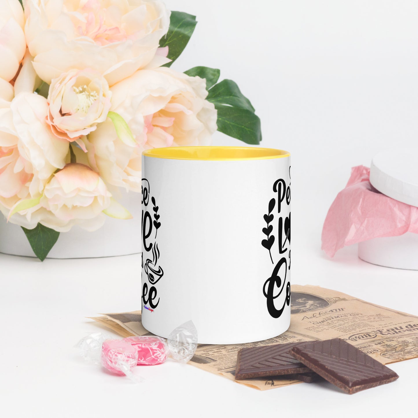 Peace Love and Coffee, Hearts-Arrow, Cup of HOT Coffee, CALMNESS DESIGNS, Creative Designer's, Mug with Color Inside