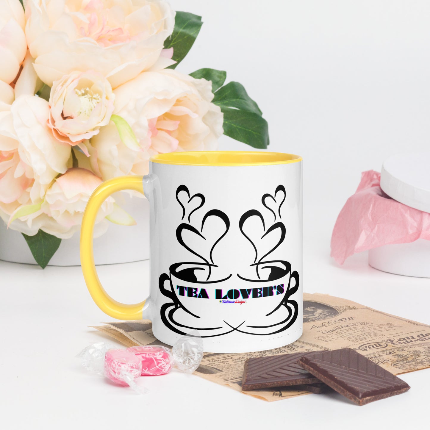 TEA LOVER'S 2 CUPS of COFFEE, Hearts, CALMNESS DESIGNS, Creative Designer's, Mug with Color Inside