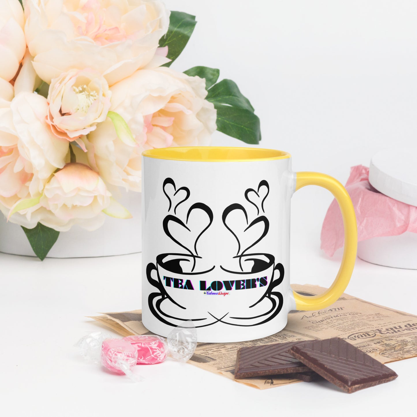 TEA LOVER'S 2 CUPS of COFFEE, Hearts, CALMNESS DESIGNS, Creative Designer's, Mug with Color Inside