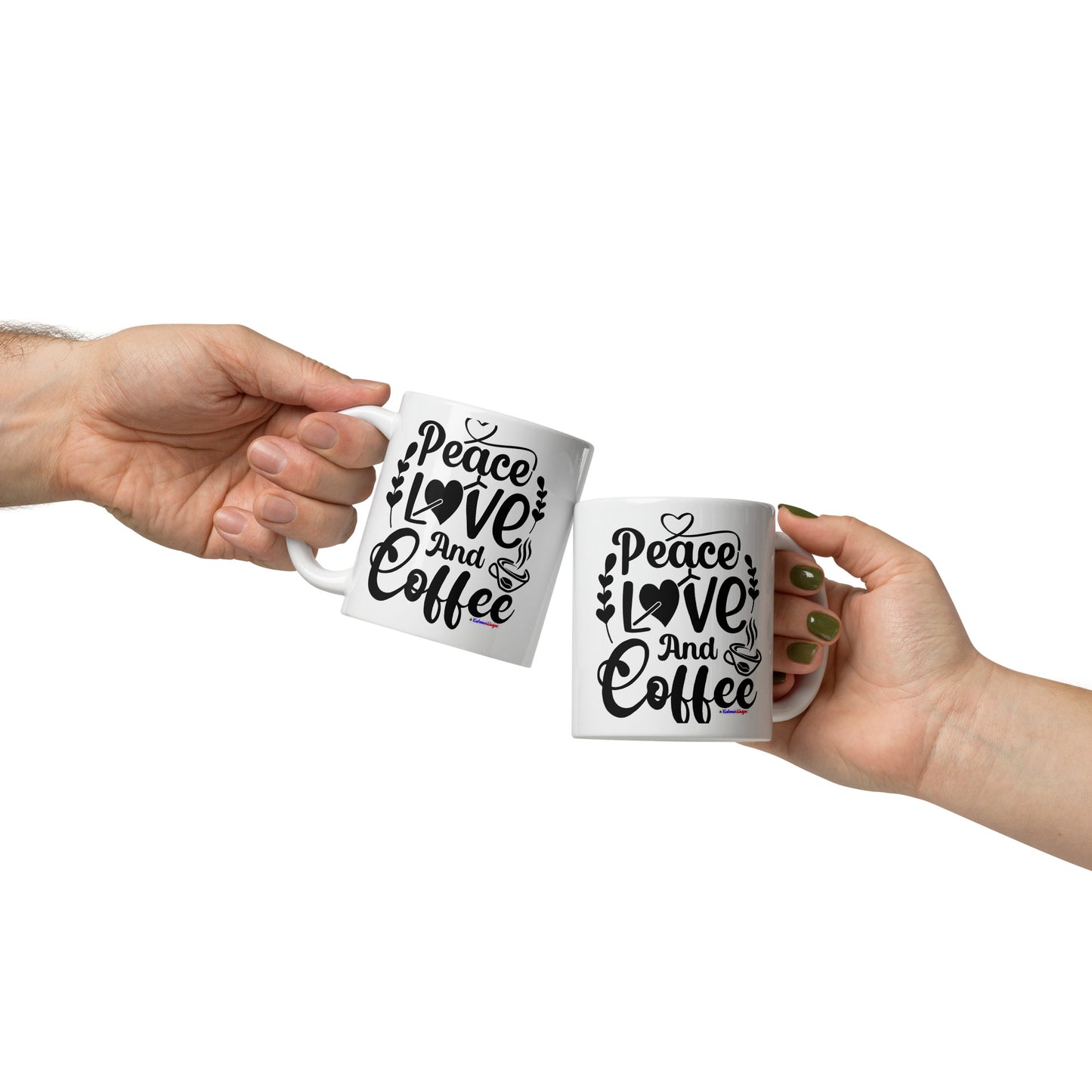 Peace Love and Coffee, Hearts-Arrow, Cup of HOT Coffee, CALMNESS DESIGNS, Creative Designer's, White glossy mug