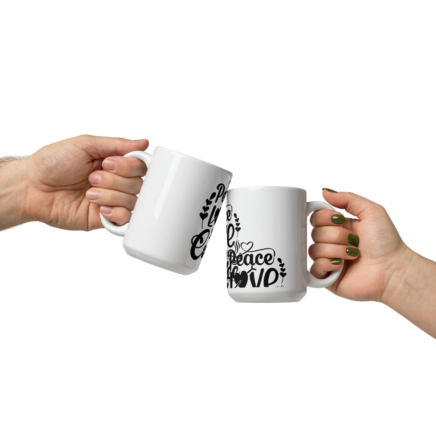 Peace Love and Coffee, Hearts-Arrow, Cup of HOT Coffee, CALMNESS DESIGNS, Creative Designer's, White glossy mug