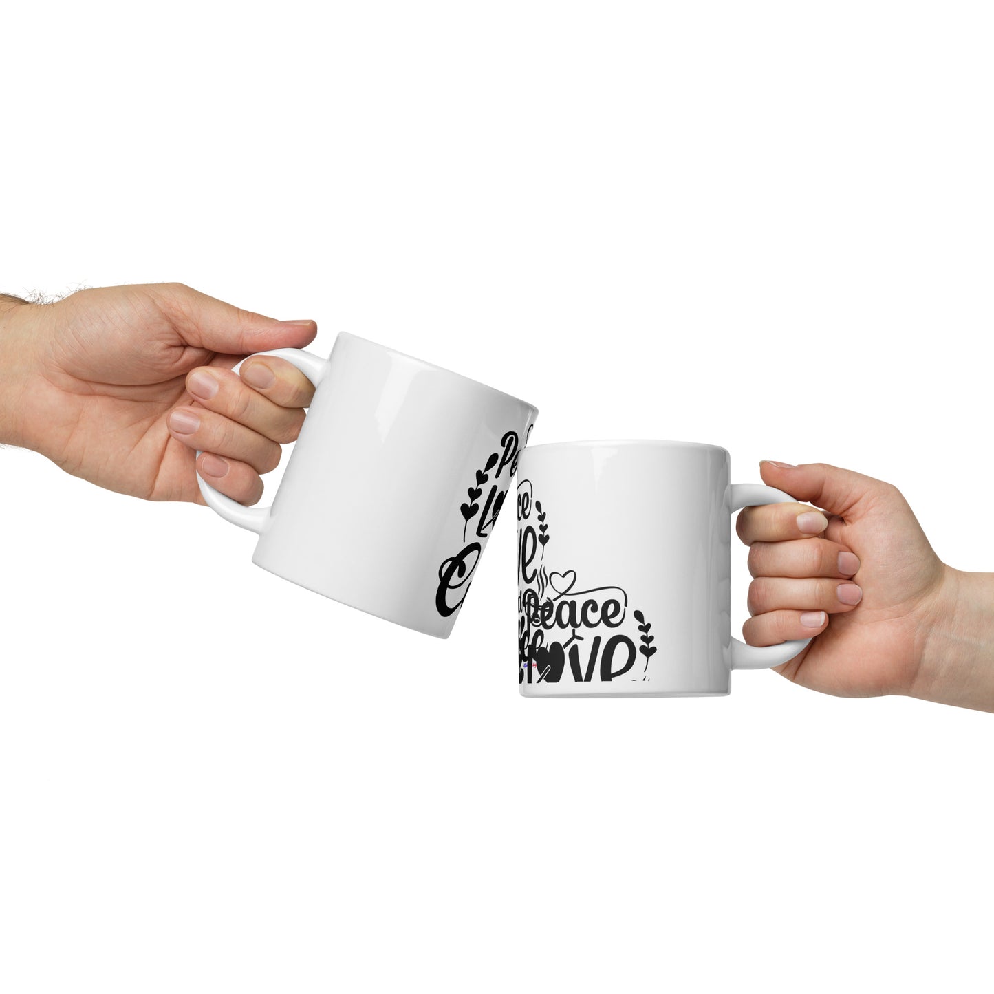 Peace Love and Coffee, Hearts-Arrow, Cup of HOT Coffee, CALMNESS DESIGNS, Creative Designer's, White glossy mug