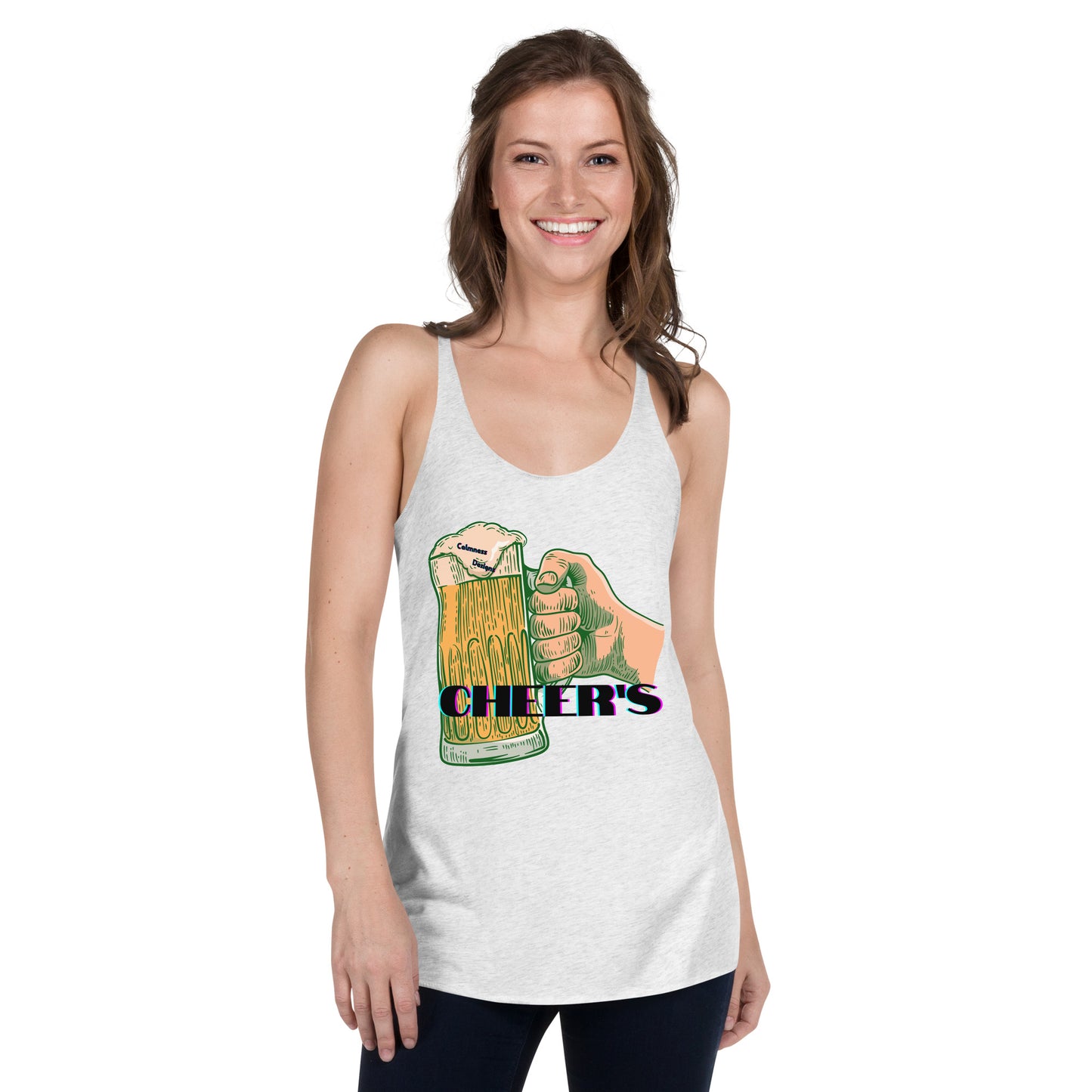 CHEER'S, HAND HOLDING BEER, CALMNESS DESIGNS, Creative Designer's, Women's Racerback Tank