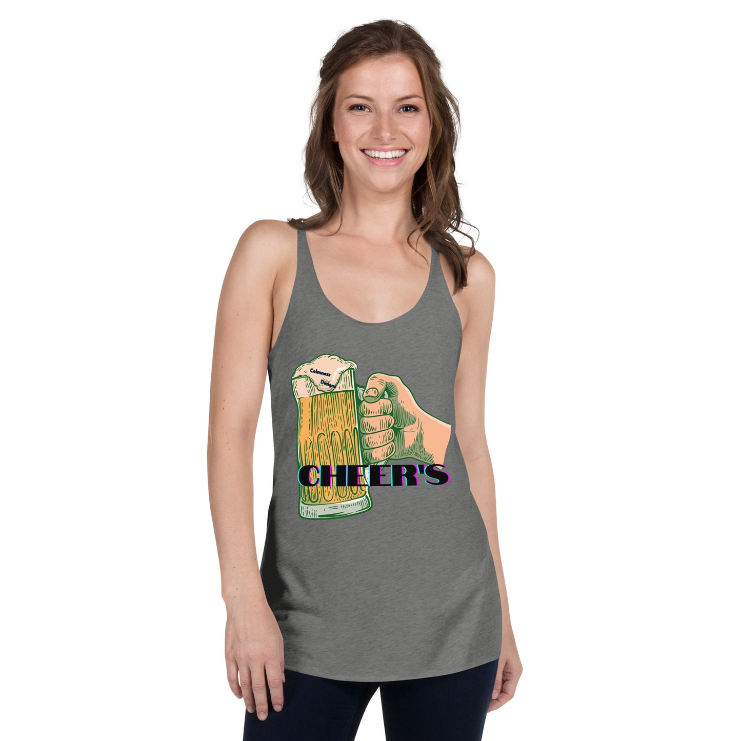 CHEER'S, HAND HOLDING BEER, CALMNESS DESIGNS, Creative Designer's, Women's Racerback Tank