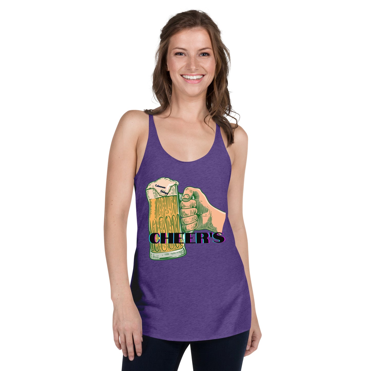 CHEER'S, HAND HOLDING BEER, CALMNESS DESIGNS, Creative Designer's, Women's Racerback Tank