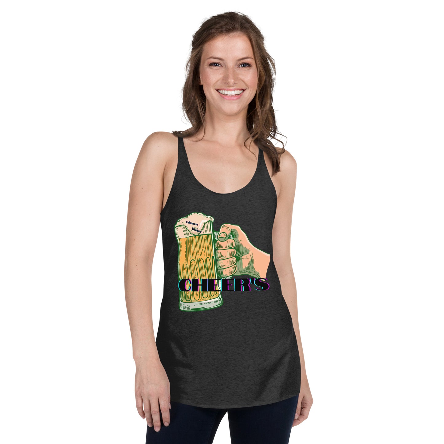 CHEER'S, HAND HOLDING BEER, CALMNESS DESIGNS, Creative Designer's, Women's Racerback Tank
