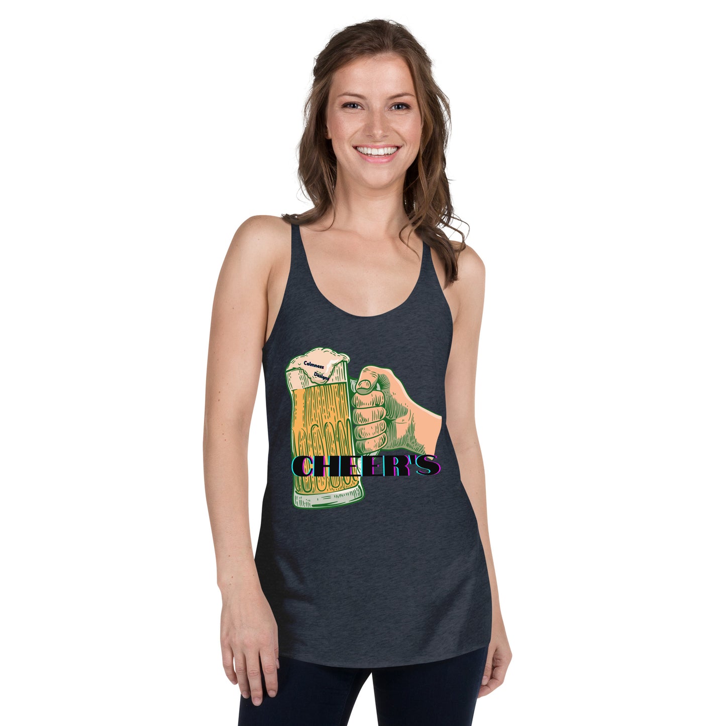 CHEER'S, HAND HOLDING BEER, CALMNESS DESIGNS, Creative Designer's, Women's Racerback Tank