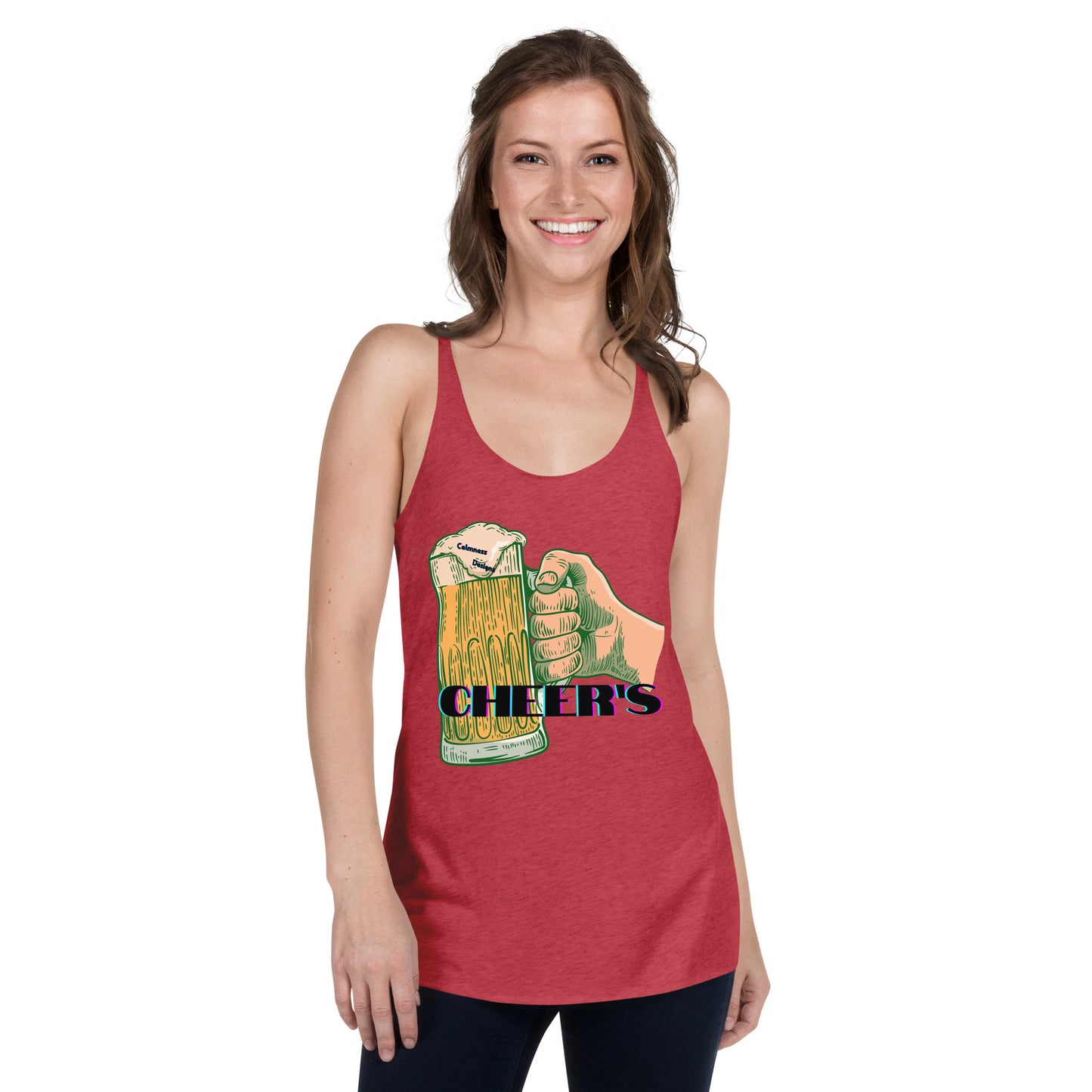 CHEER'S, HAND HOLDING BEER, CALMNESS DESIGNS, Creative Designer's, Women's Racerback Tank