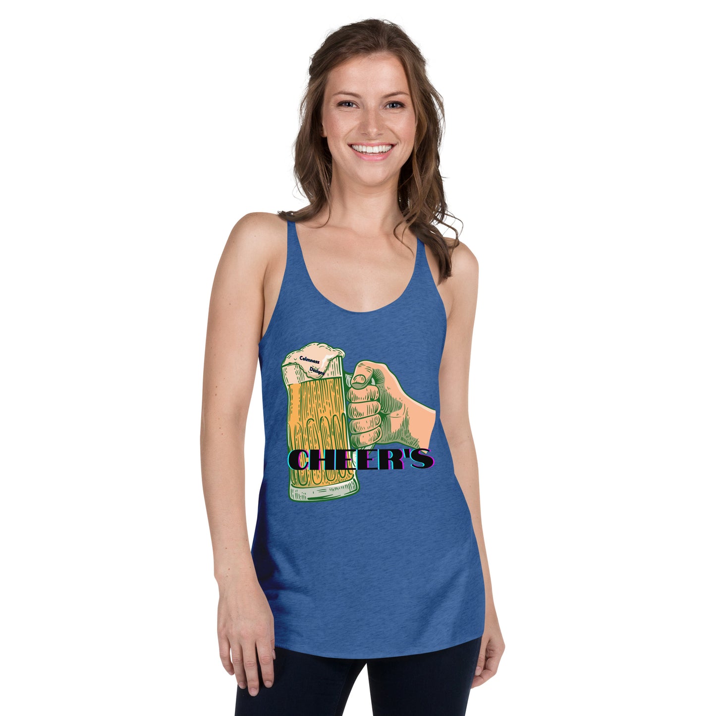 CHEER'S, HAND HOLDING BEER, CALMNESS DESIGNS, Creative Designer's, Women's Racerback Tank