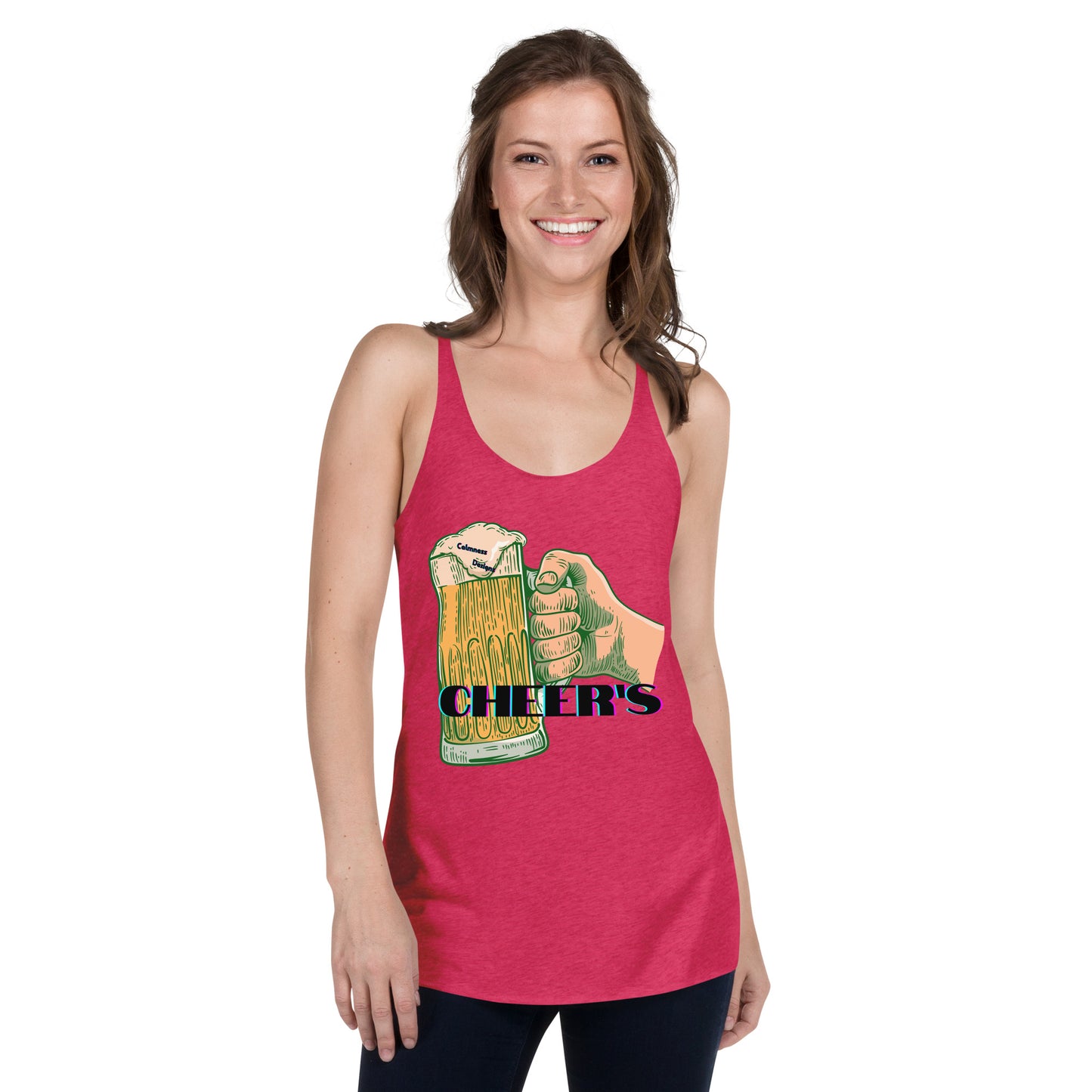 CHEER'S, HAND HOLDING BEER, CALMNESS DESIGNS, Creative Designer's, Women's Racerback Tank