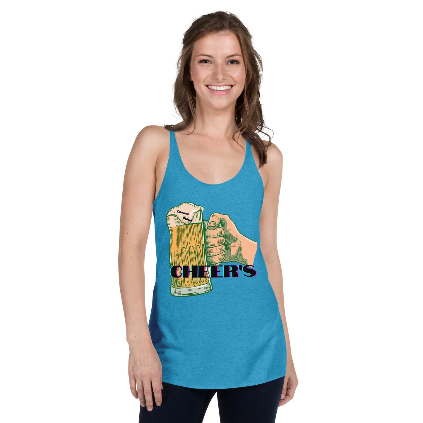 CHEER'S, HAND HOLDING BEER, CALMNESS DESIGNS, Creative Designer's, Women's Racerback Tank