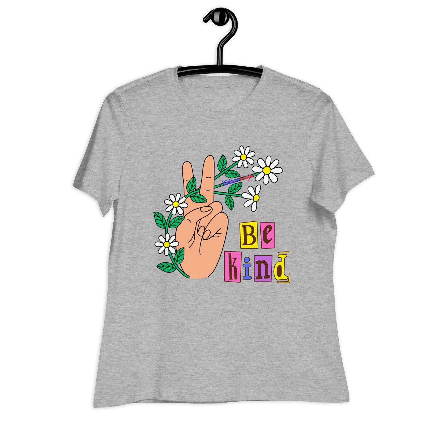 Hand Peace Sign With Flowers, Be Kind, Calmness Designs, Women's Relaxed T-Shirt