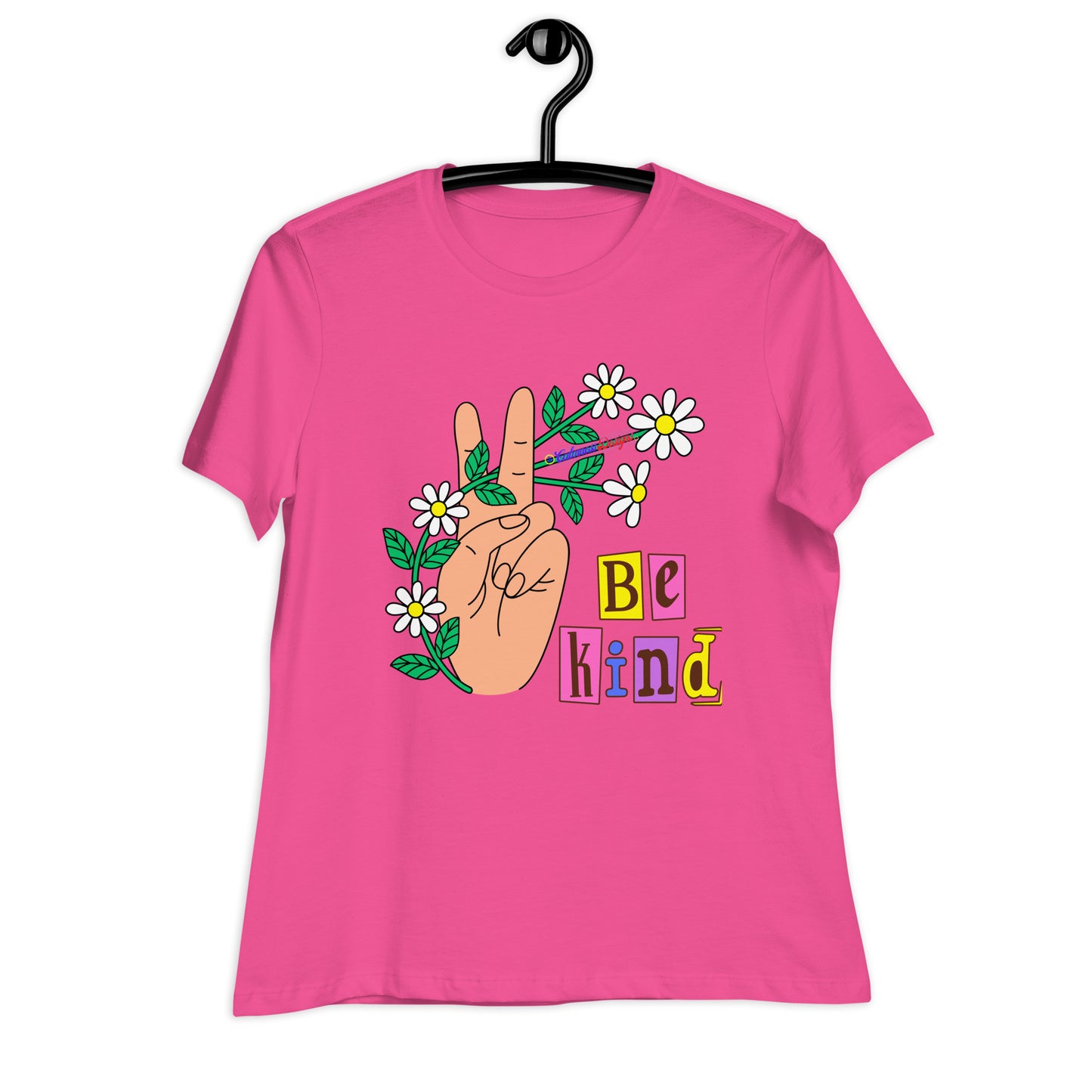 Hand Peace Sign With Flowers, Be Kind, Calmness Designs, Women's Relaxed T-Shirt