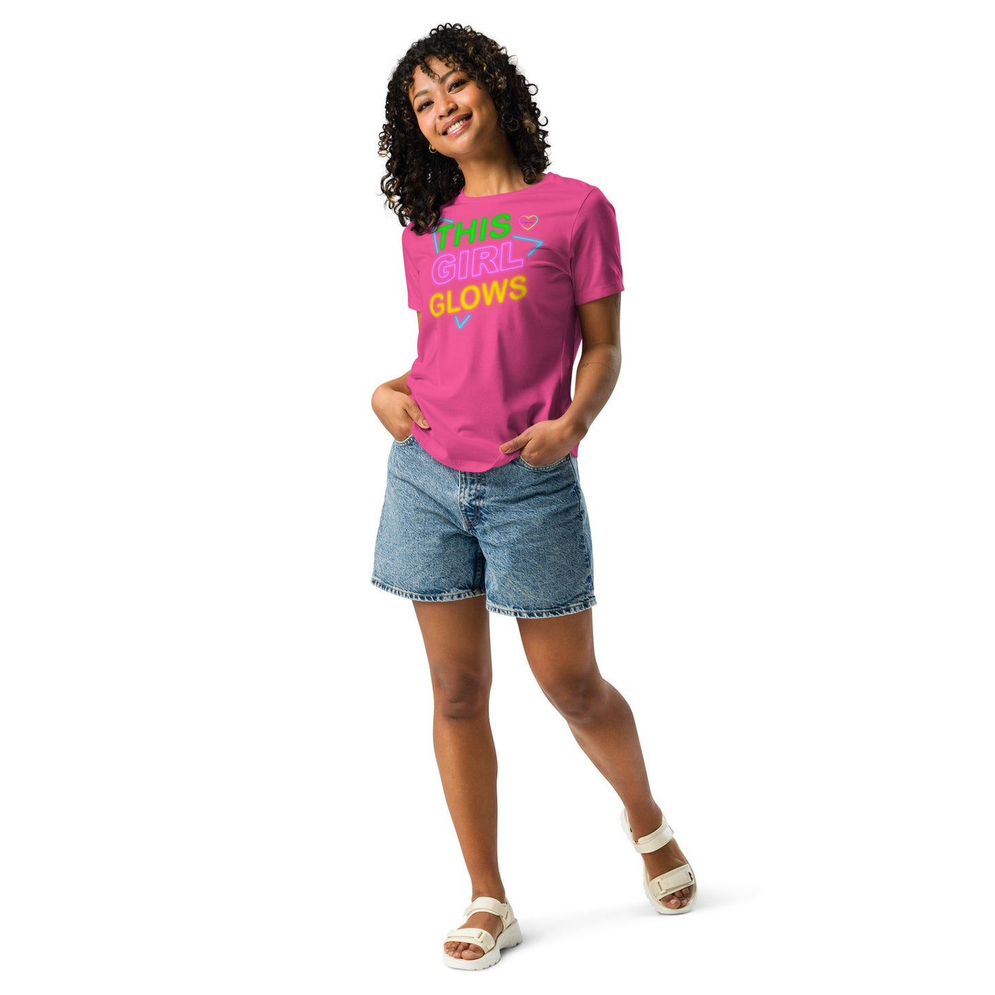 This Girl Glows Neon-Sign, Blue Triangle, CALMNESS DESIGNS, Creative Designer's, Women's Relaxed T-Shirt