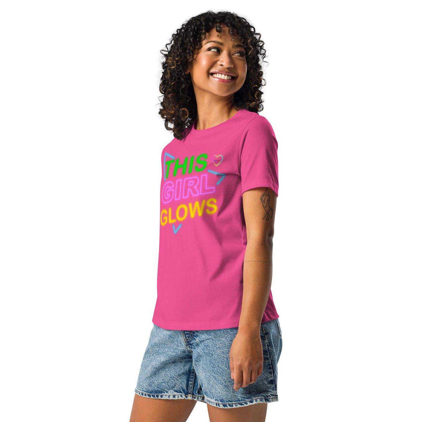 This Girl Glows Neon-Sign, Blue Triangle, CALMNESS DESIGNS, Creative Designer's, Women's Relaxed T-Shirt