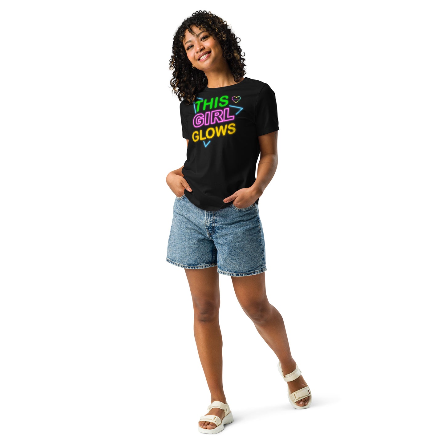 This Girl Glows Neon-Sign, Blue Triangle, CALMNESS DESIGNS, Creative Designer's, Women's Relaxed T-Shirt