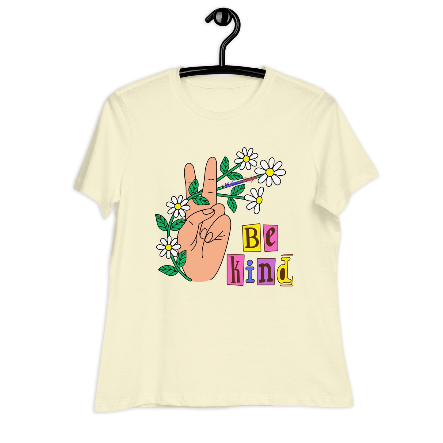 Hand Peace Sign With Flowers, Be Kind, Calmness Designs, Women's Relaxed T-Shirt