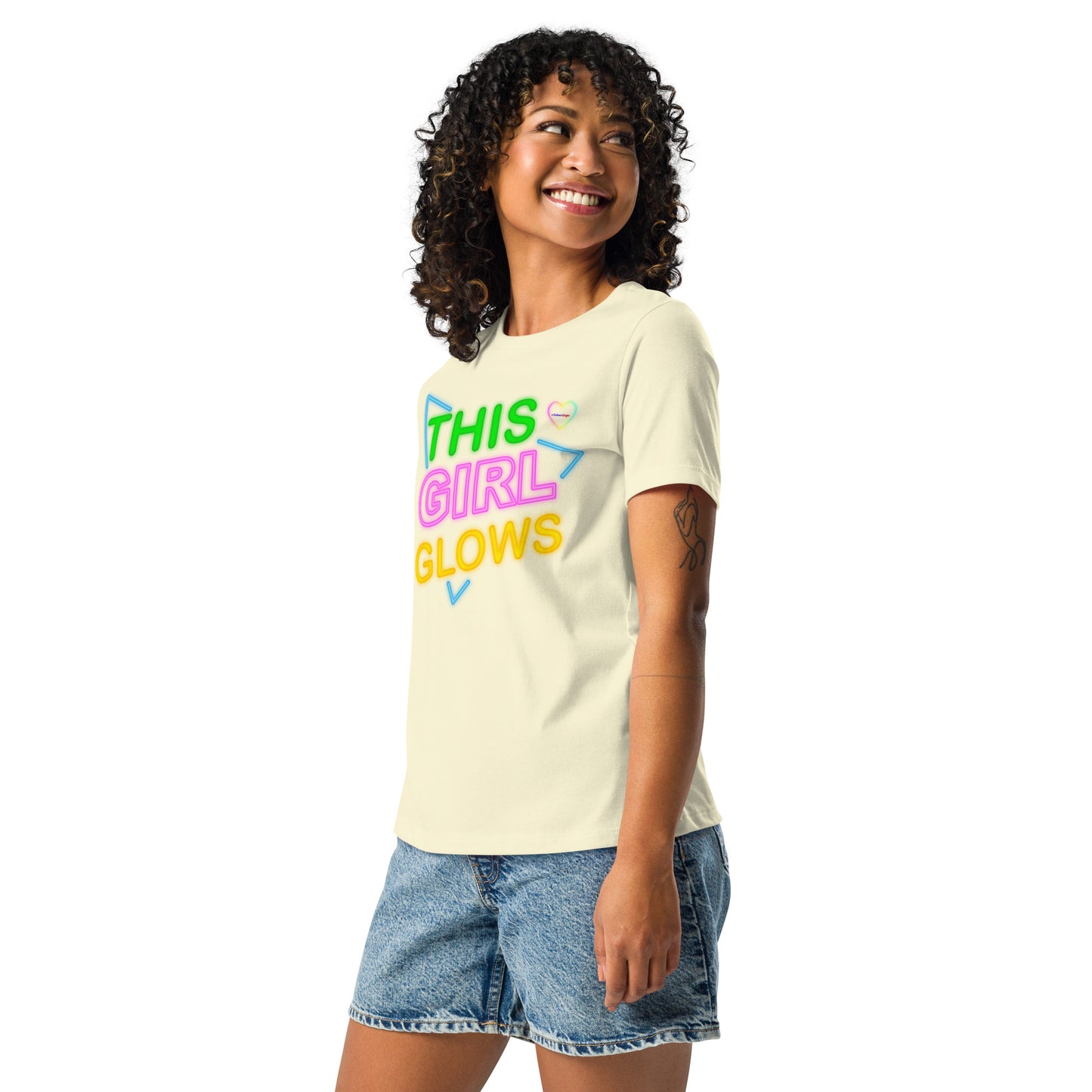 This Girl Glows Neon-Sign, Blue Triangle, CALMNESS DESIGNS, Creative Designer's, Women's Relaxed T-Shirt