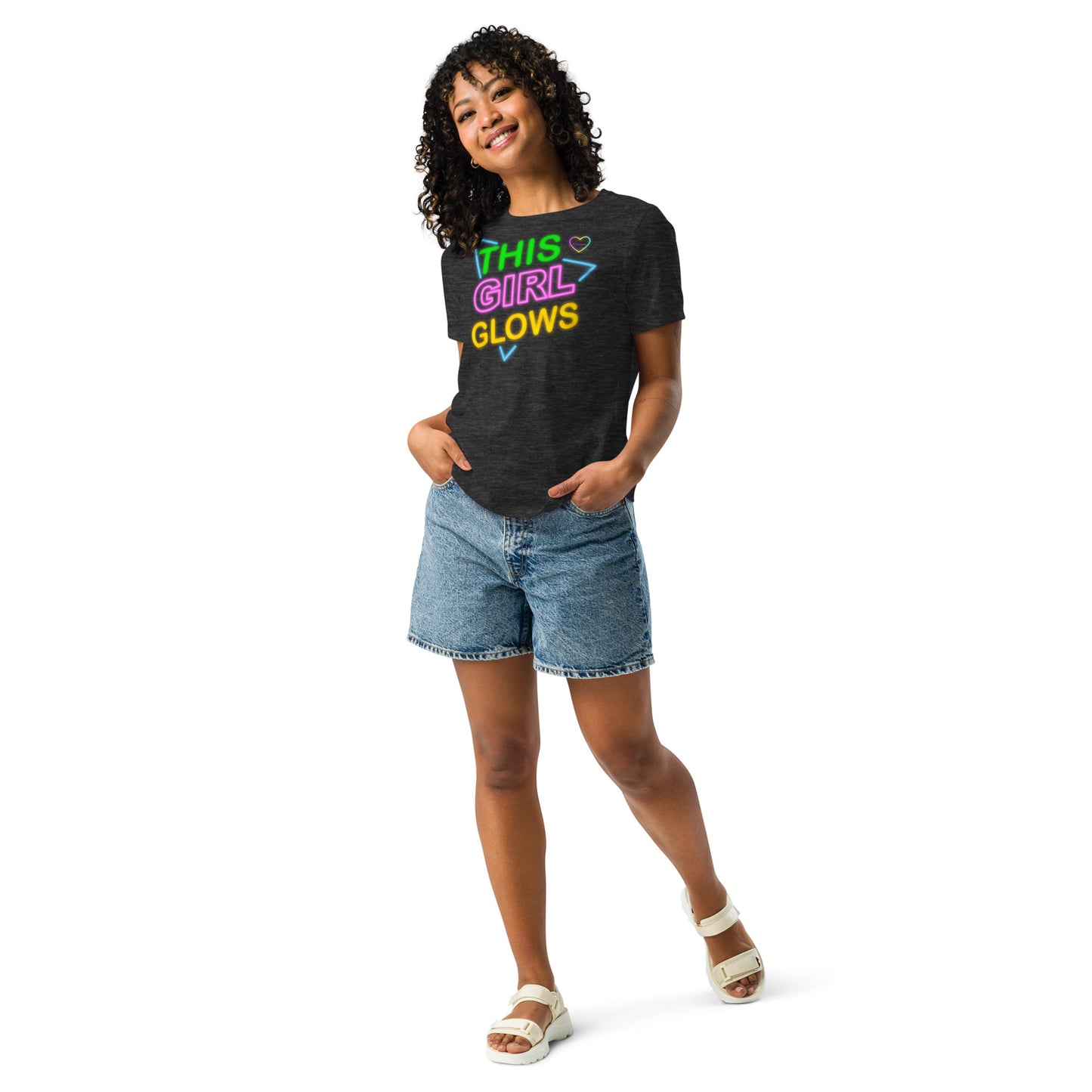 This Girl Glows Neon-Sign, Blue Triangle, CALMNESS DESIGNS, Creative Designer's, Women's Relaxed T-Shirt