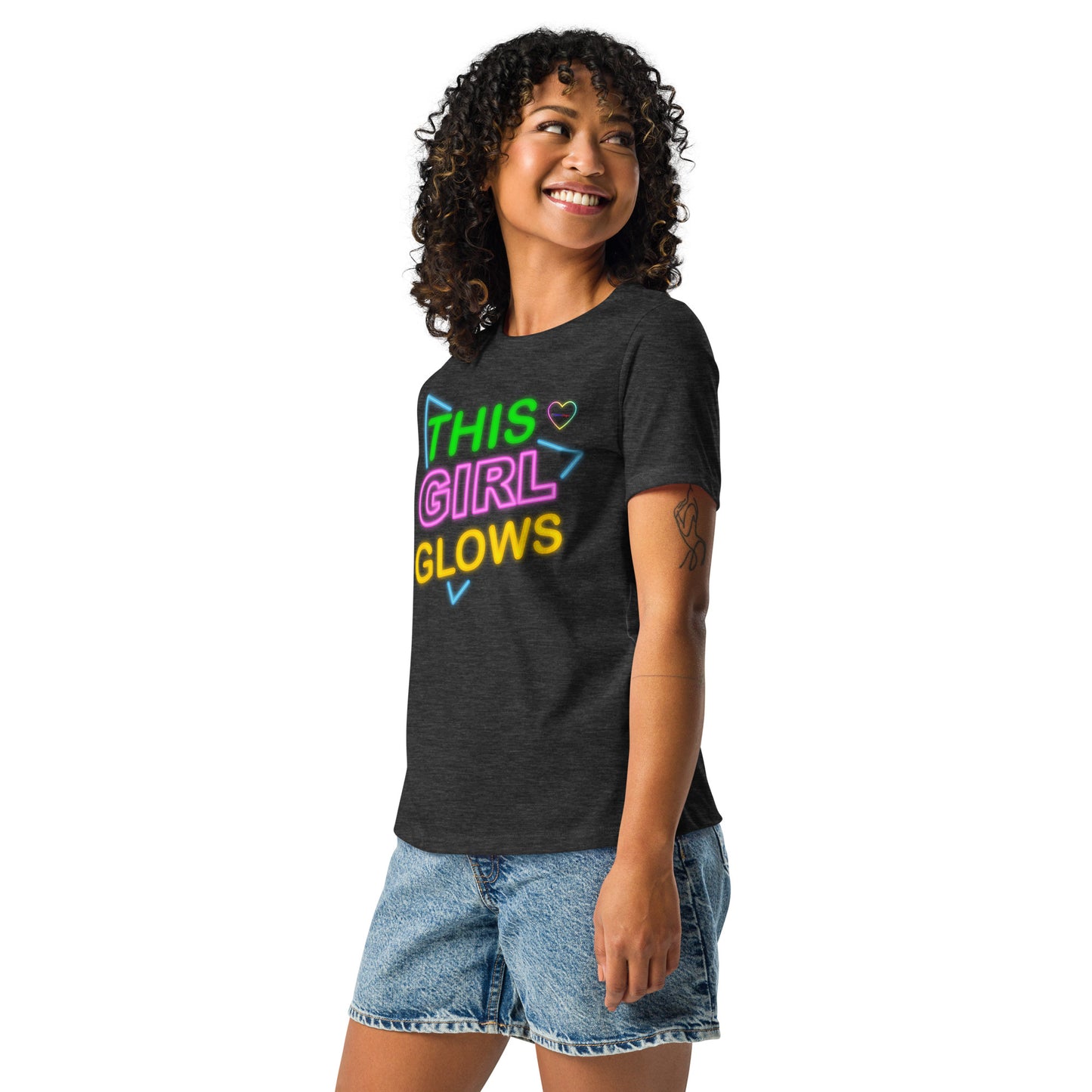 This Girl Glows Neon-Sign, Blue Triangle, CALMNESS DESIGNS, Creative Designer's, Women's Relaxed T-Shirt