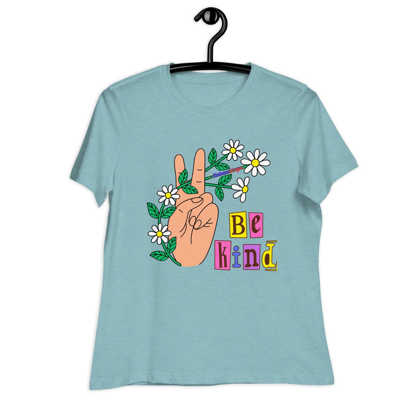 Hand Peace Sign With Flowers, Be Kind, Calmness Designs, Women's Relaxed T-Shirt