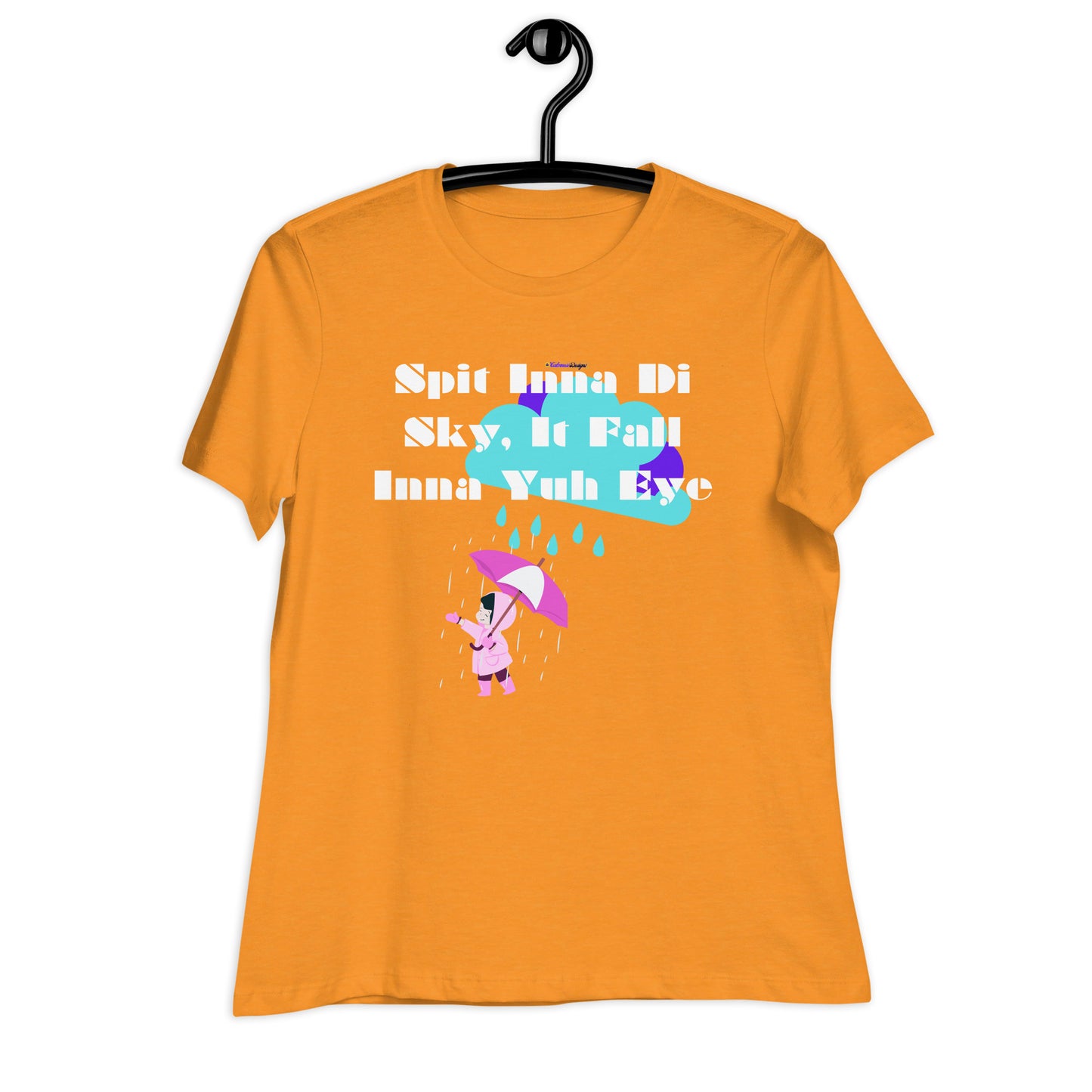 Spit Inna Di Sky, It Fall Inna Yuh Eye, Little Child With Umbrella in Raincoat, Cloud Rainy Calmness Designs, Women's Relaxed T-Shirt