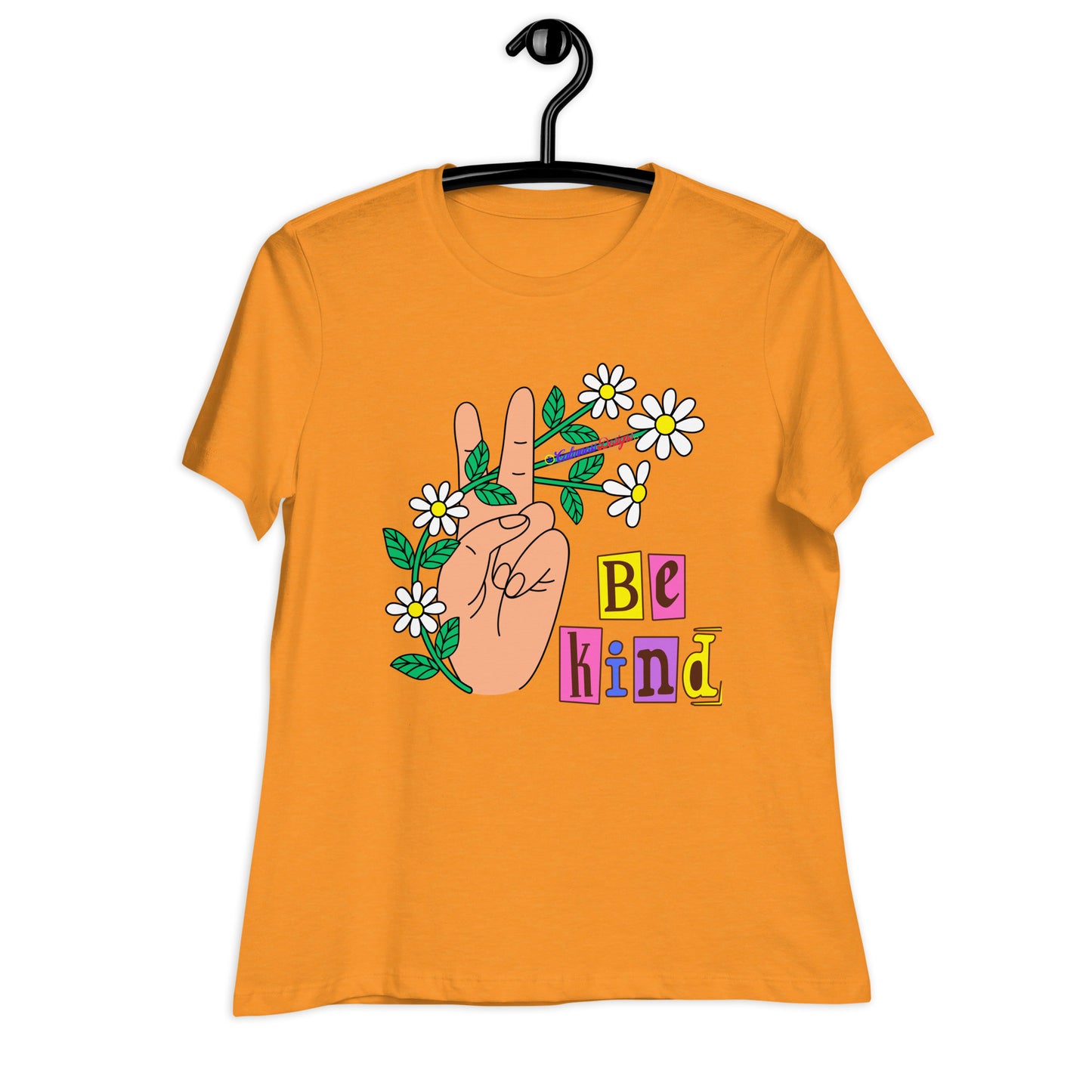 Hand Peace Sign With Flowers, Be Kind, Calmness Designs, Women's Relaxed T-Shirt