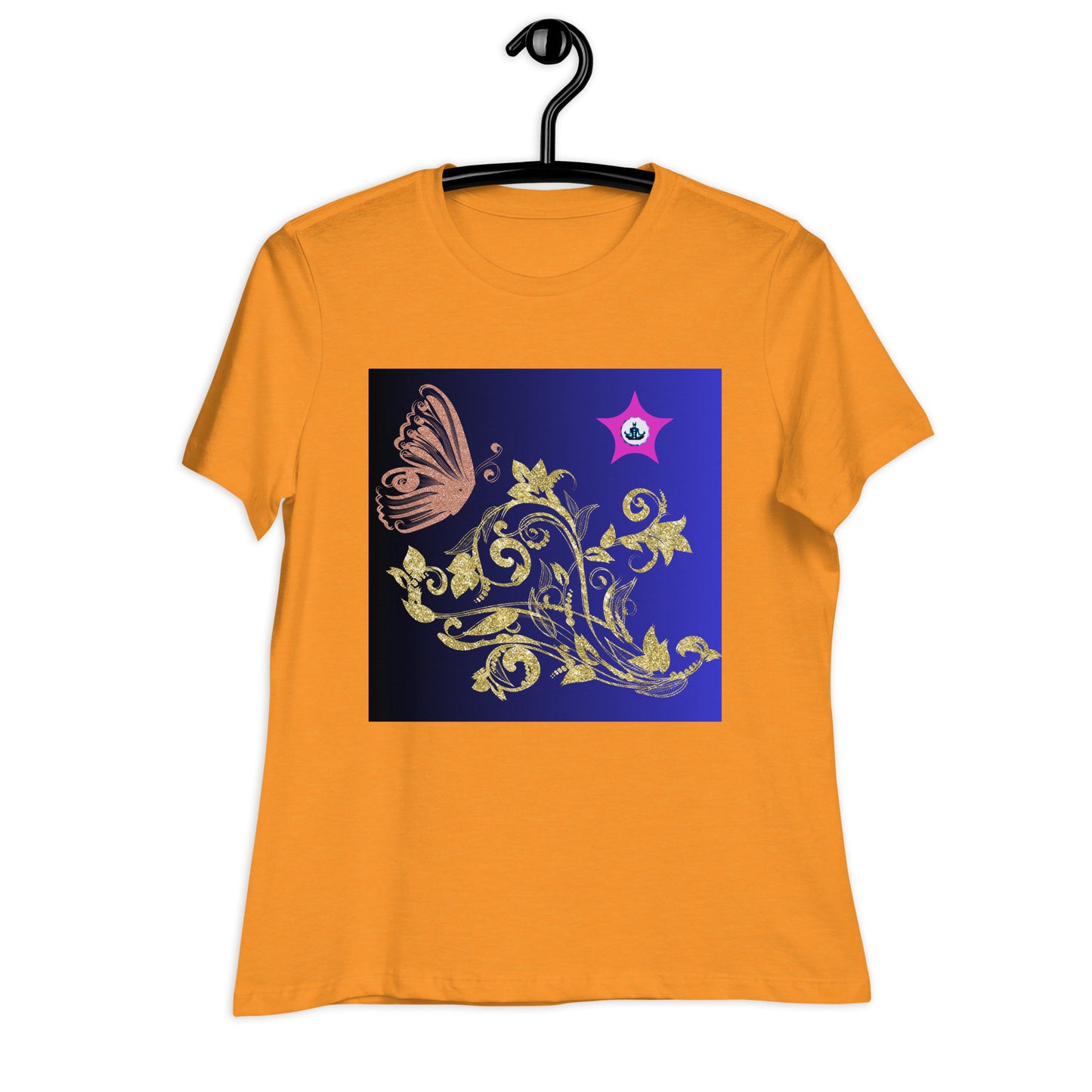 Gold Flower Plant With Butterfly, CALMNESS DESIGNS, Creative Designer's, Women's Relaxed T-Shirt
