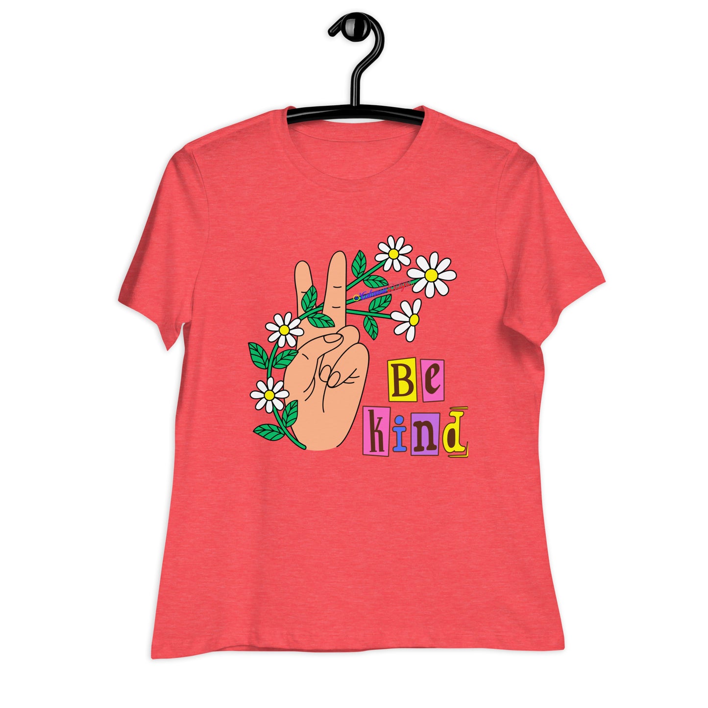 Hand Peace Sign With Flowers, Be Kind, Calmness Designs, Women's Relaxed T-Shirt