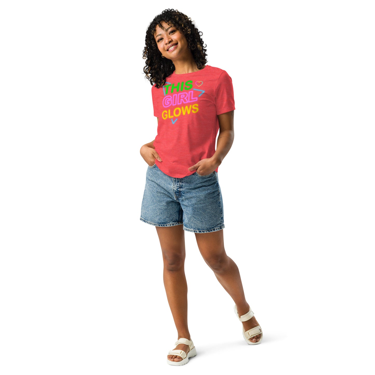 This Girl Glows Neon-Sign, Blue Triangle, CALMNESS DESIGNS, Creative Designer's, Women's Relaxed T-Shirt
