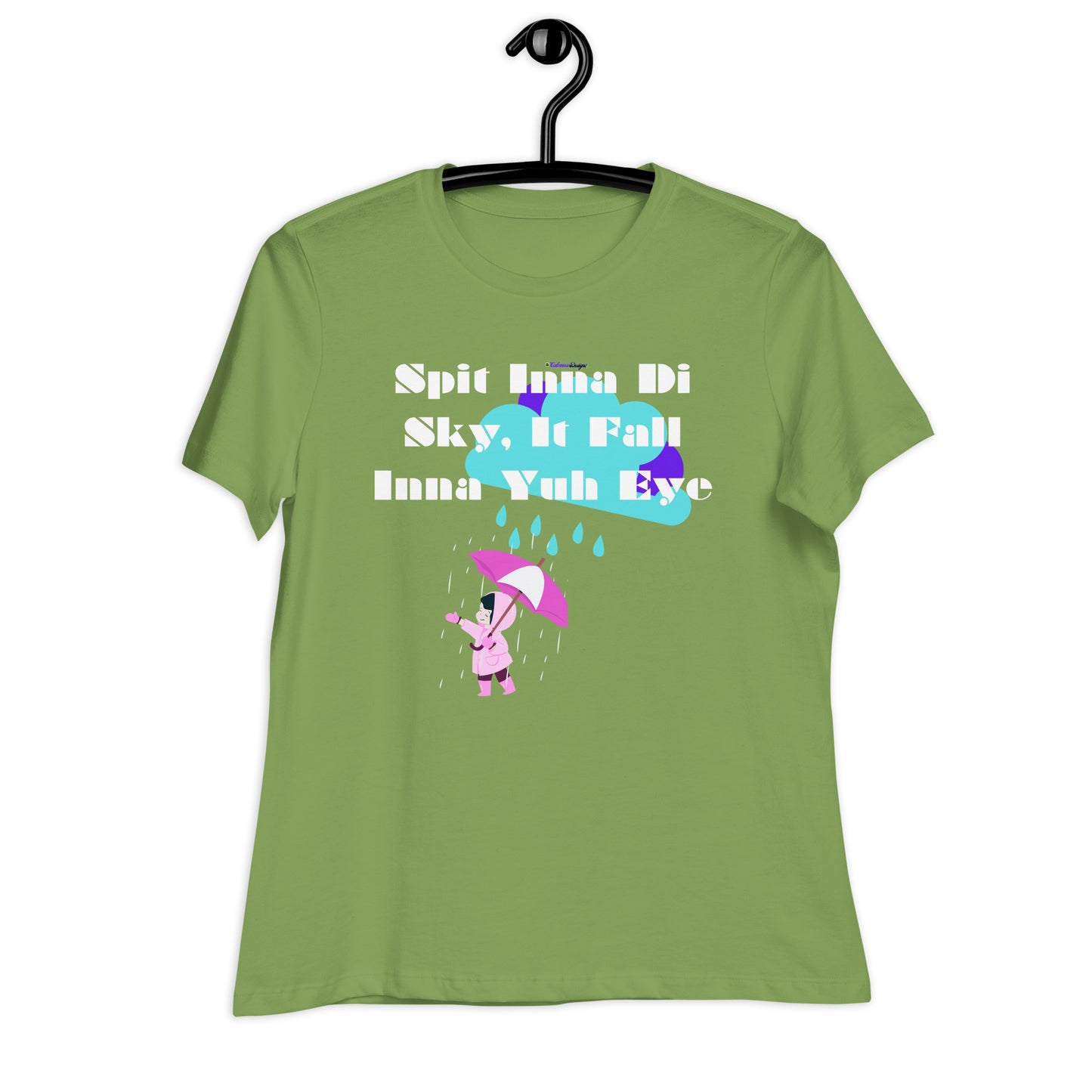Spit Inna Di Sky, It Fall Inna Yuh Eye, Little Child With Umbrella in Raincoat, Cloud Rainy Calmness Designs, Women's Relaxed T-Shirt