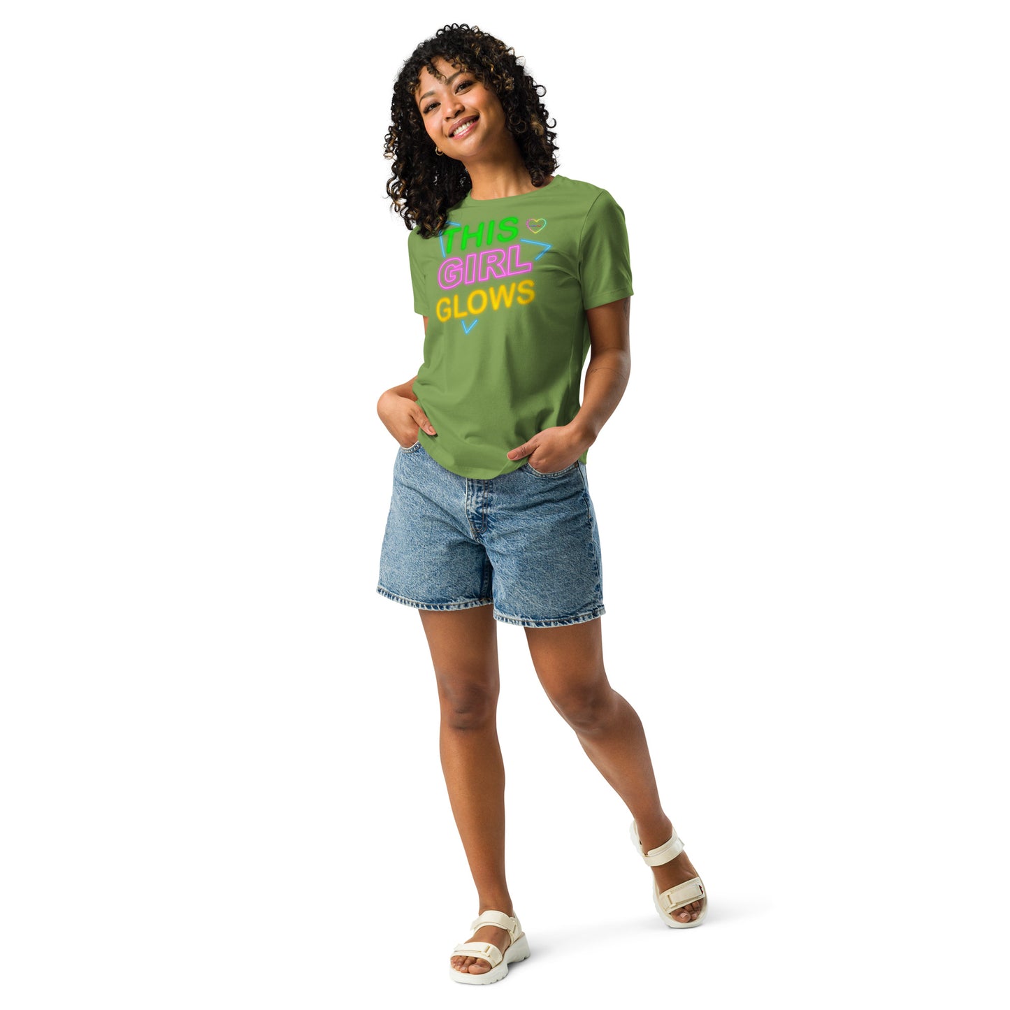 This Girl Glows Neon-Sign, Blue Triangle, CALMNESS DESIGNS, Creative Designer's, Women's Relaxed T-Shirt